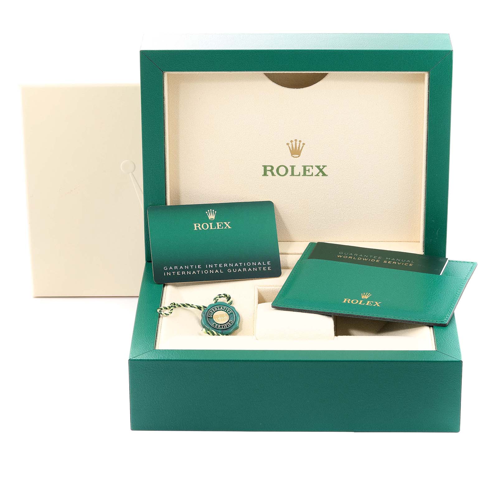 This image shows an open Rolex Sea-Dweller 126603 Men
s Steel and Gold (two tone) Black Dial 126603 Men
s Steel and Gold (two tone) Black Dial box with warranty cards, a manual, and a certification tag.