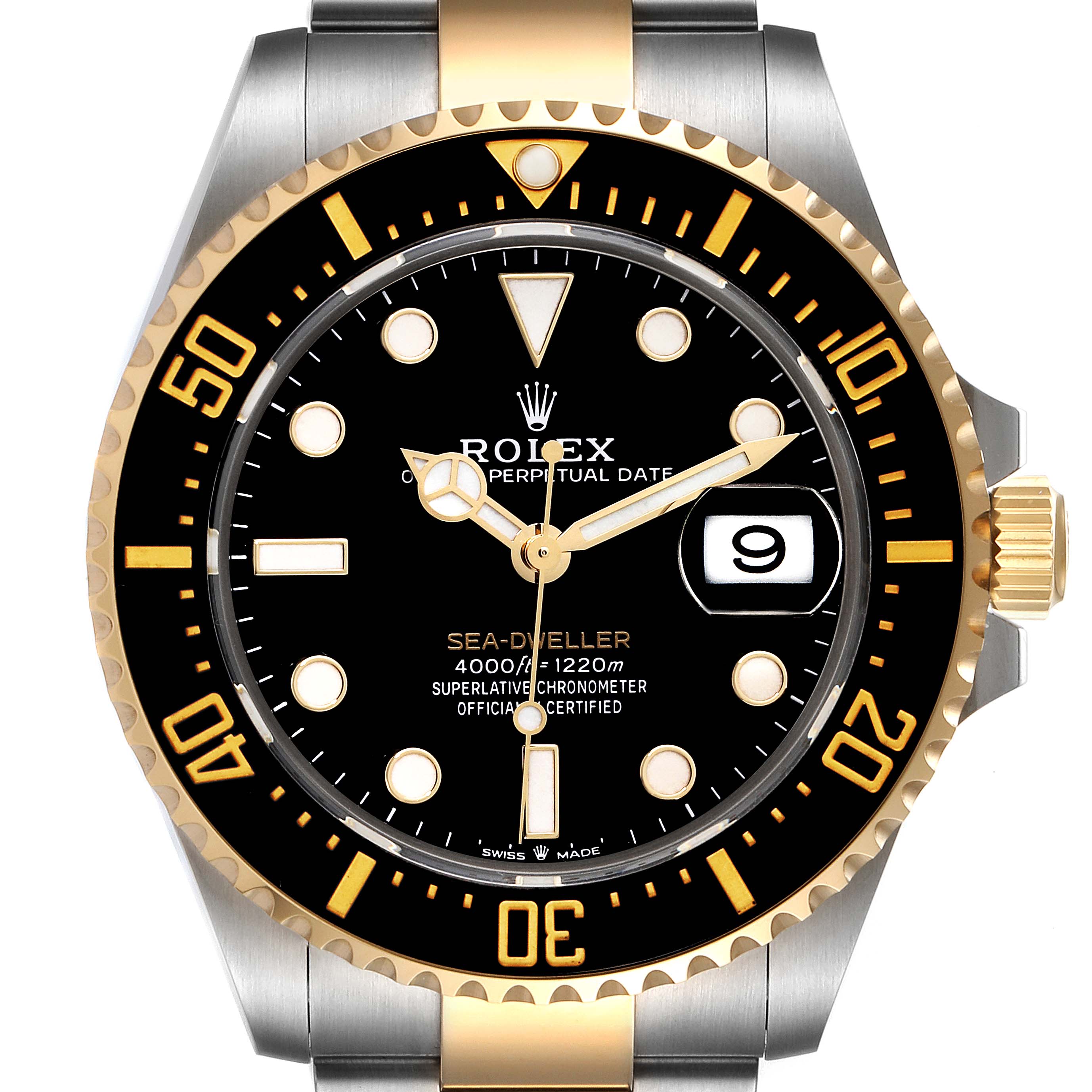 The image shows the Rolex Sea-Dweller 126603 Men
s Steel and Gold (two tone) Black Dial 126603 Men
s Steel and Gold (two tone) Black Dial watch front-on, highlighting the dial, bezel, date window, and part of the bracelet.