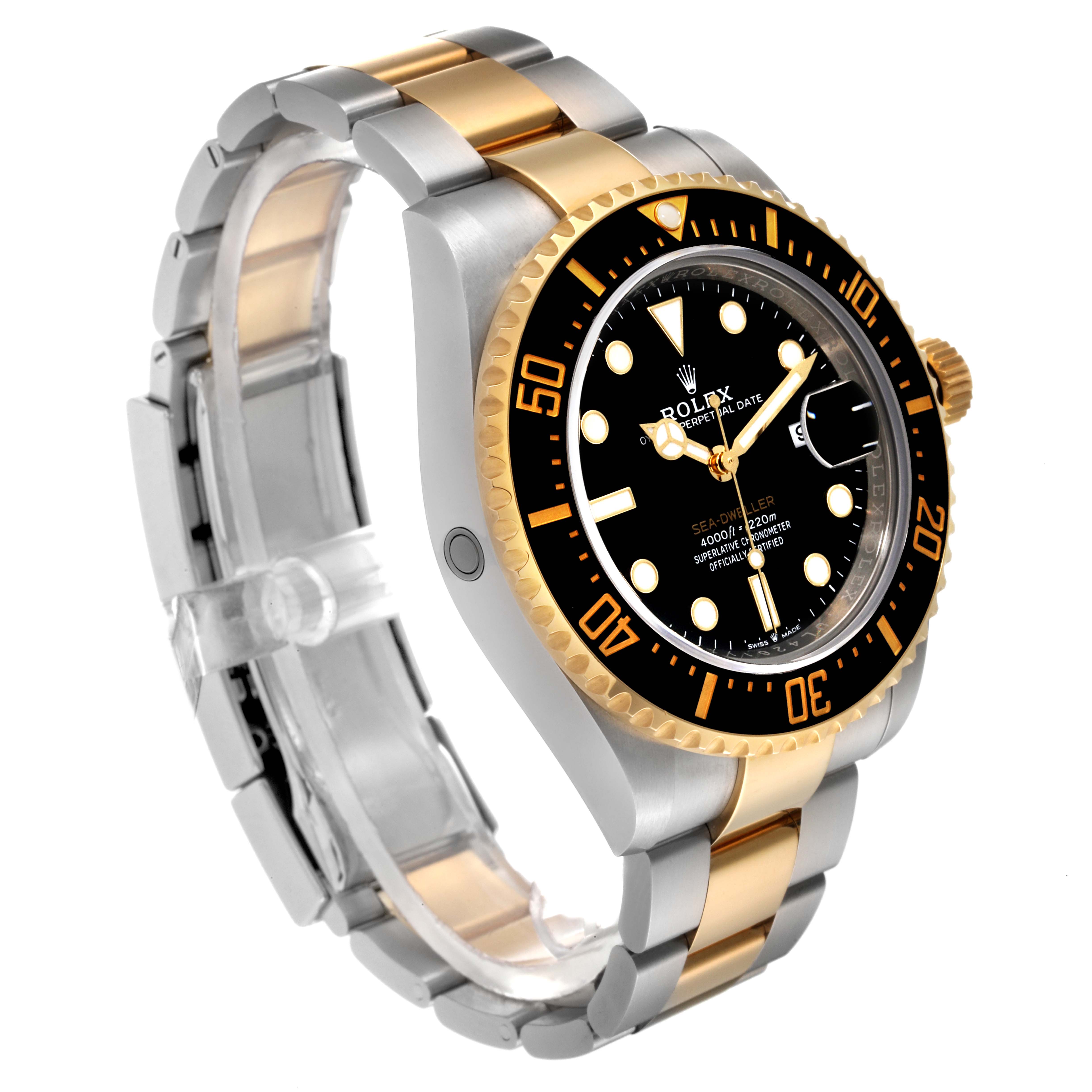 This image shows a Rolex Sea-Dweller 126603 Men
s Steel and Gold (two tone) Black Dial 126603 Men
s Steel and Gold (two tone) Black Dial watch at a three-quarter angle, highlighting its face, bezel, crown, and two-tone bracelet.