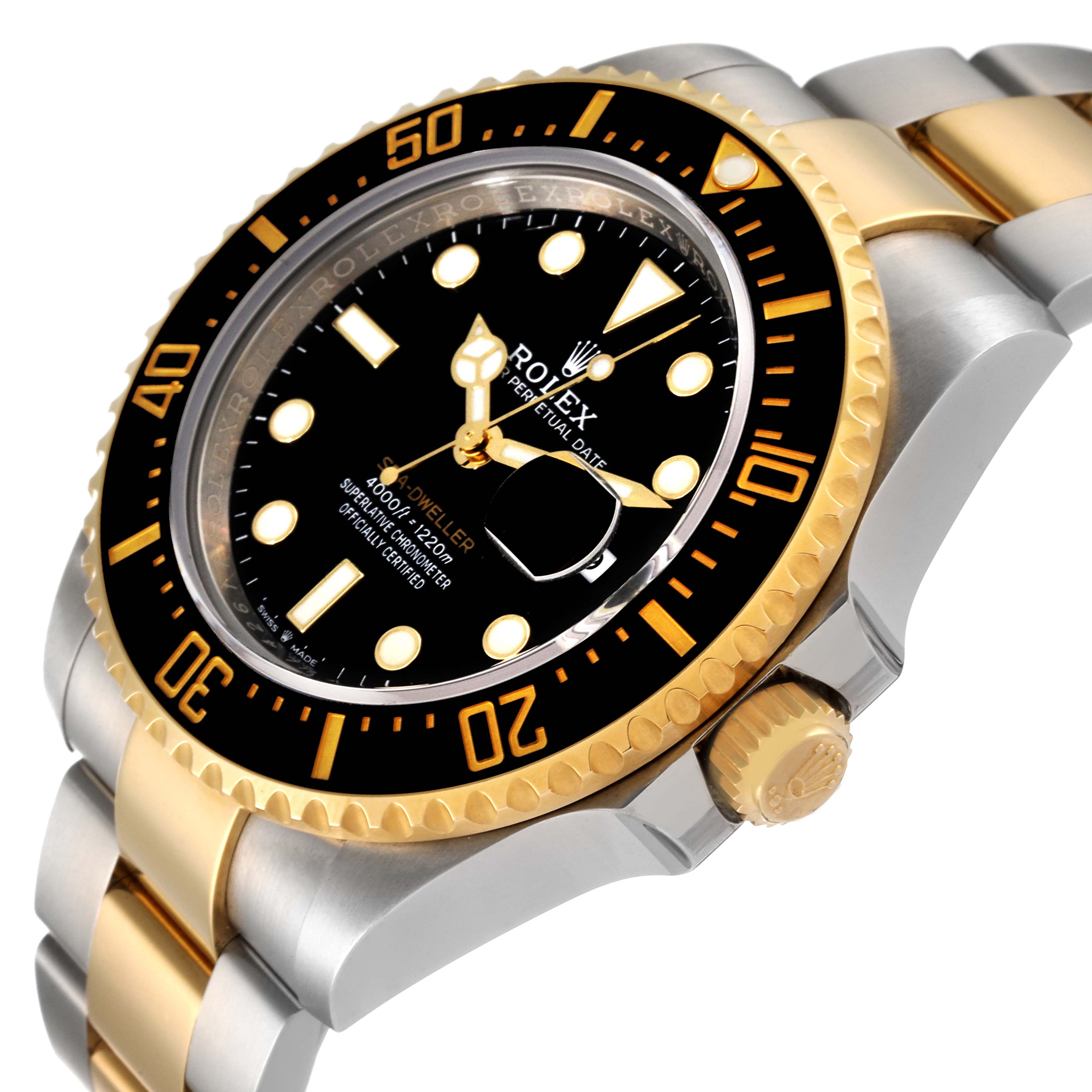 This image shows a close-up angled view of a Rolex Sea-Dweller 126603 Men
s Steel and Gold (two tone) Black Dial 126603 Men
s Steel and Gold (two tone) Black Dial watch, highlighting the bezel, crown, and bracelet.