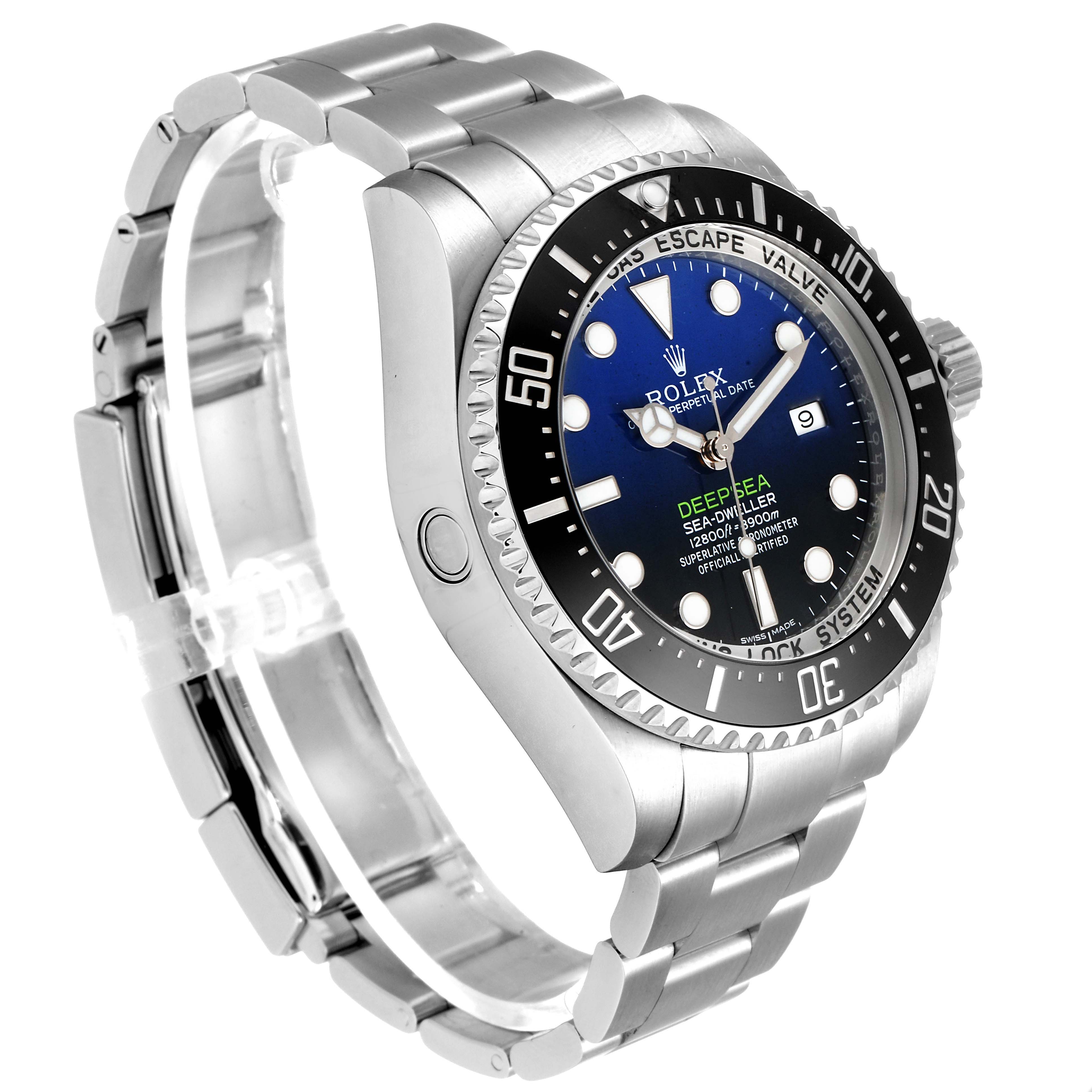 The Rolex Sea-Dweller 116660 Men
s Stainless Steel Blue Dial 116660 Men
s Stainless Steel Blue Dial watch is shown at a three-quarter angle, displaying the face, bezel, crown, and bracelet.