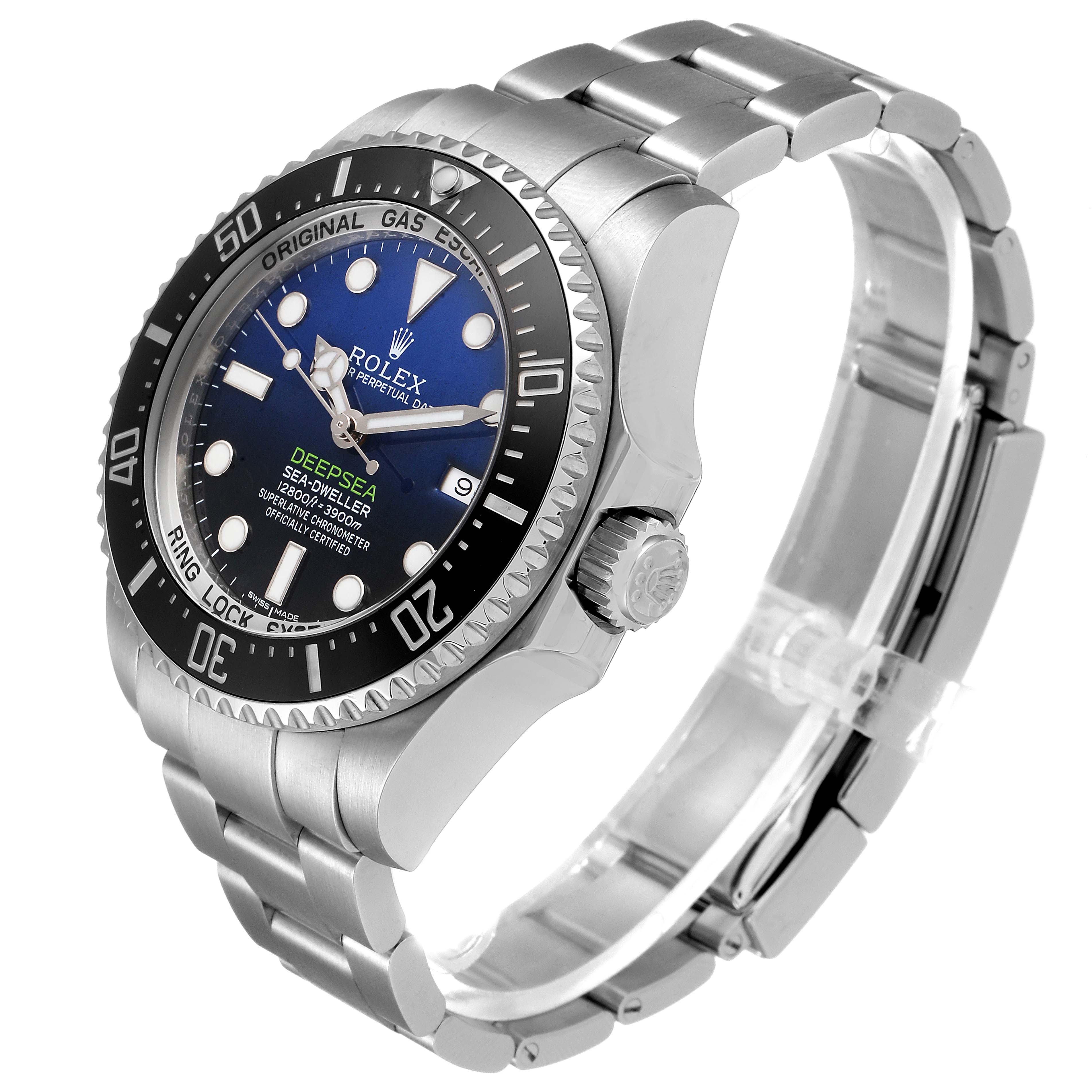 The image shows a Rolex Sea-Dweller 116660 Men
s Stainless Steel Blue Dial 116660 Men
s Stainless Steel Blue Dial Deepsea watch at a three-quarter angle, highlighting the dial, bezel, crown, and bracelet.