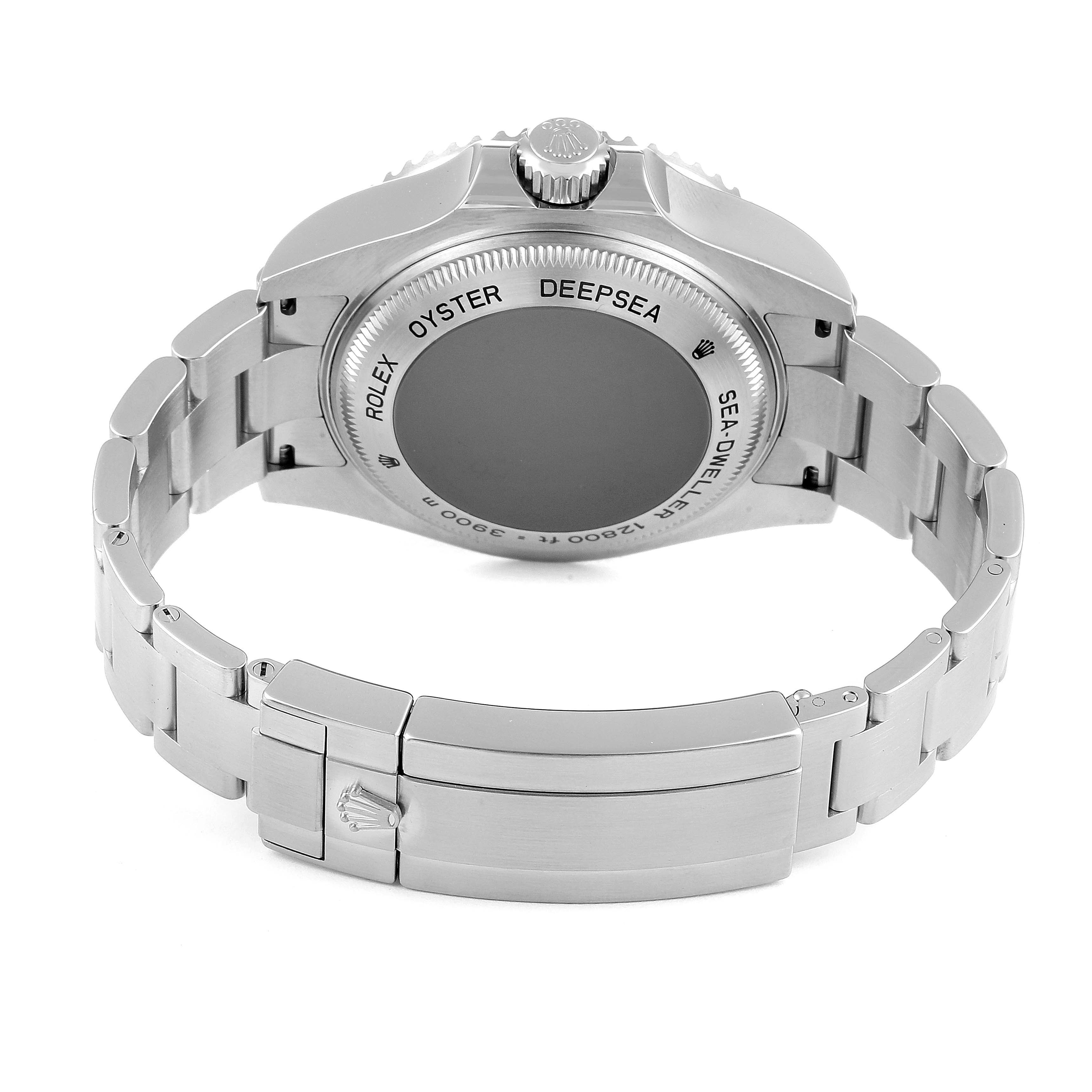 The Rolex Sea-Dweller 116660 Men
s Stainless Steel Blue Dial 116660 Men
s Stainless Steel Blue Dial watch is shown from the back, displaying the case back and part of the bracelet.