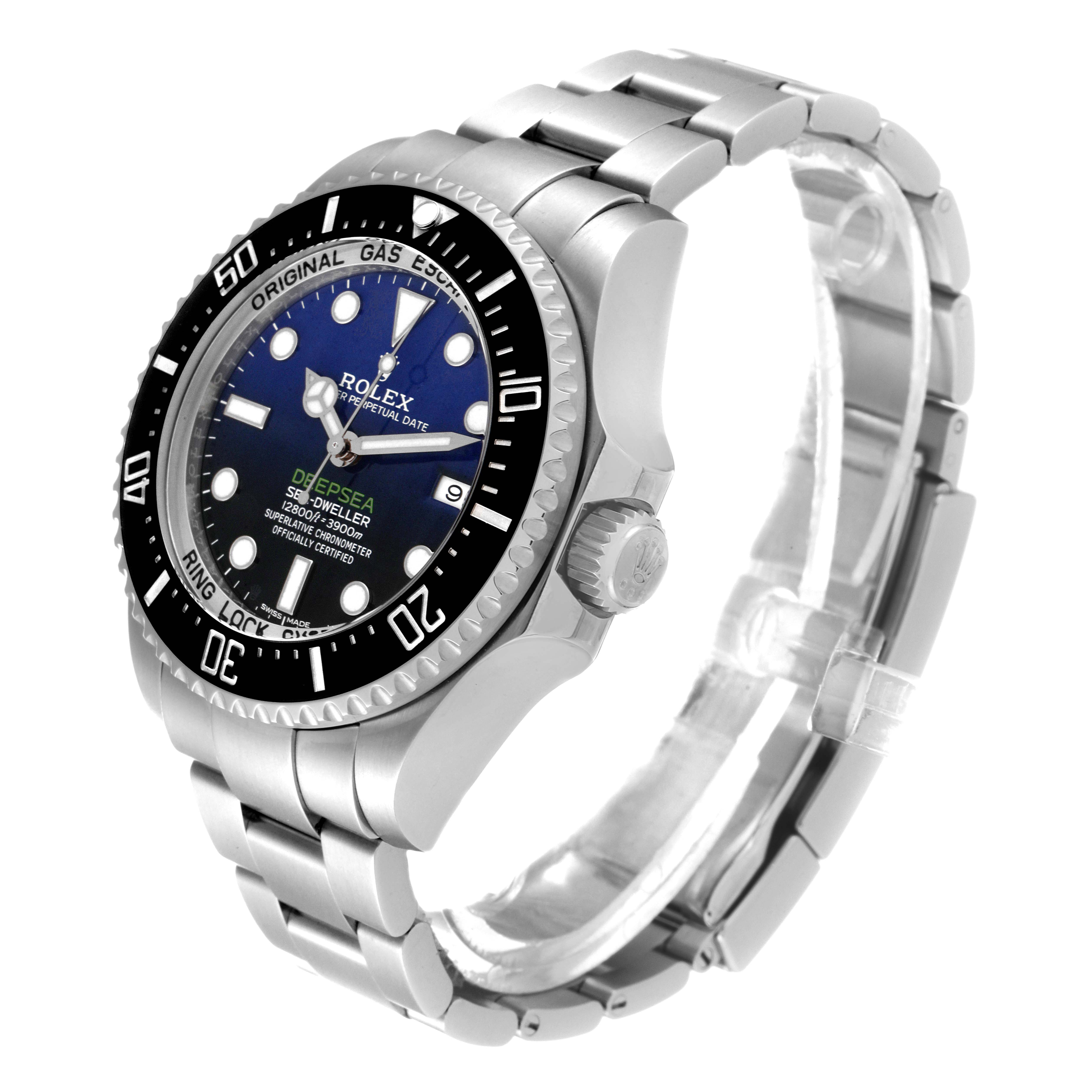 The Rolex Sea-Dweller 116660 Men's Stainless Steel Blue Dial 116660 Men's Stainless Steel Blue Dial watch is shown at a 3/4 angle, highlighting its bezel, dial, crown, and bracelet.