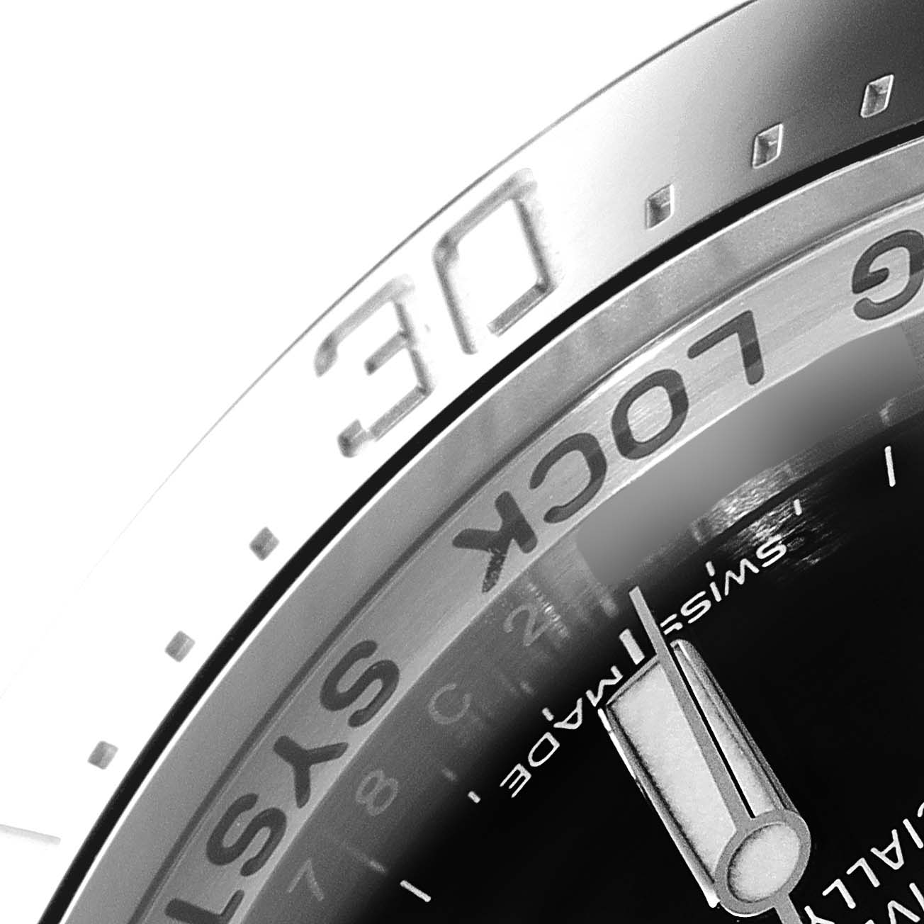 The image shows a close-up of the bezel and part of the dial of the Rolex Sea-Dweller 116660 Men's Stainless Steel Blue Dial 116660 Men's Stainless Steel Blue Dial watch, focusing on the "30" mark and "RING LOCK SYSTEM" text.