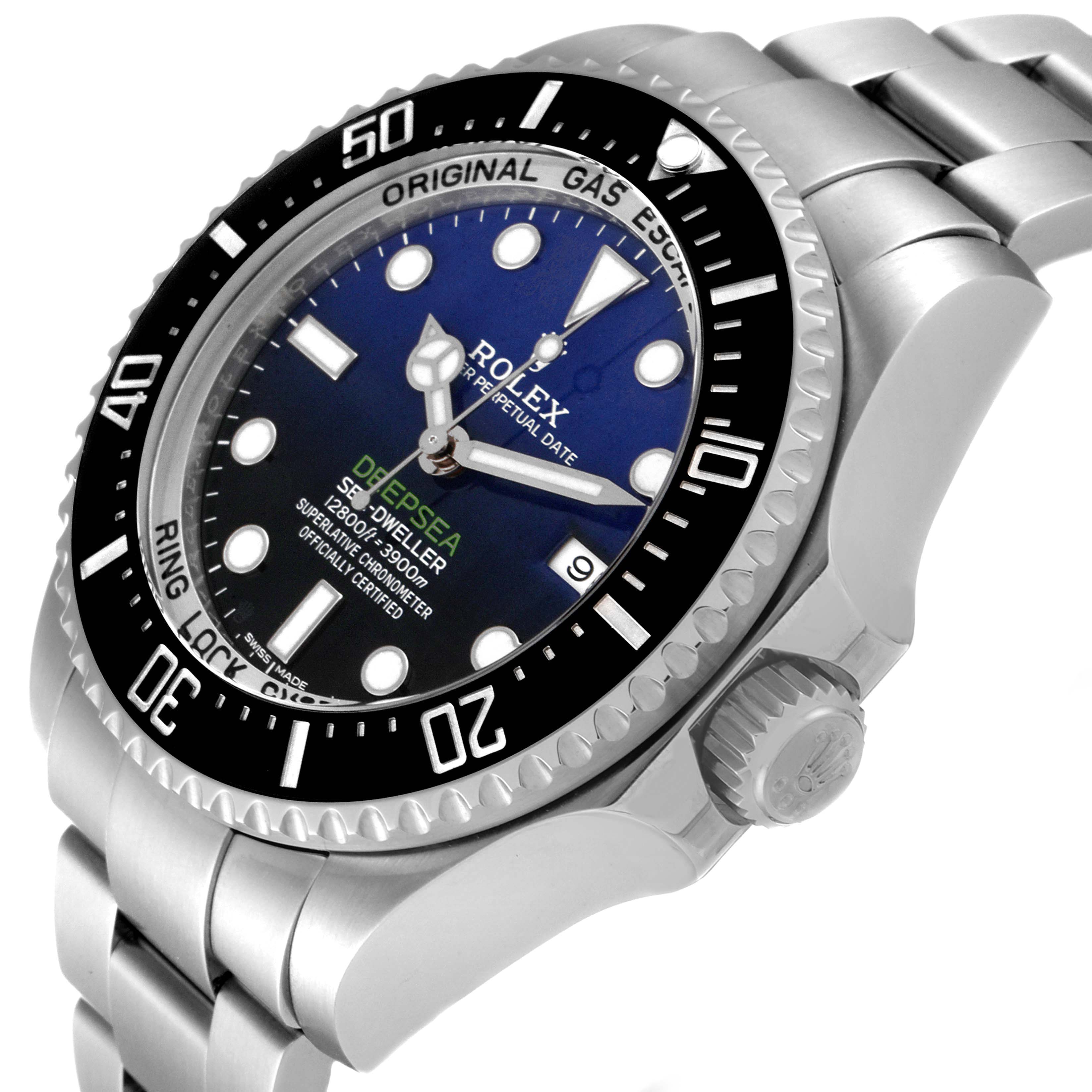 This image shows a Rolex Sea-Dweller 116660 Men's Stainless Steel Blue Dial 116660 Men's Stainless Steel Blue Dial watch from a three-quarter angle, highlighting the face, bezel, crown, and bracelet.