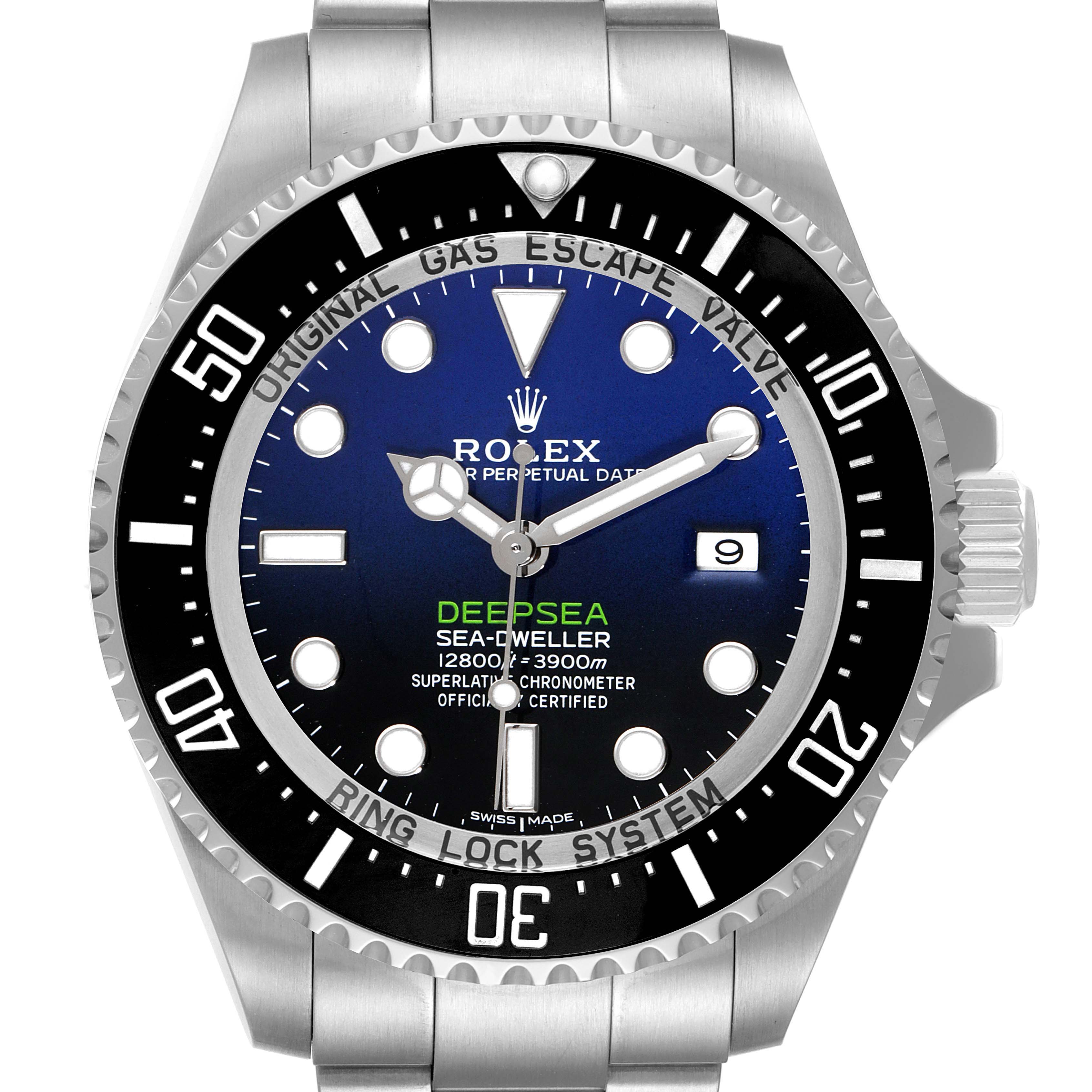 The image shows a frontal view of a Rolex Sea-Dweller 116660 Men's Stainless Steel Blue Dial 116660 Men's Stainless Steel Blue Dial Deepsea watch, highlighting its dial, bezel, and bracelet.