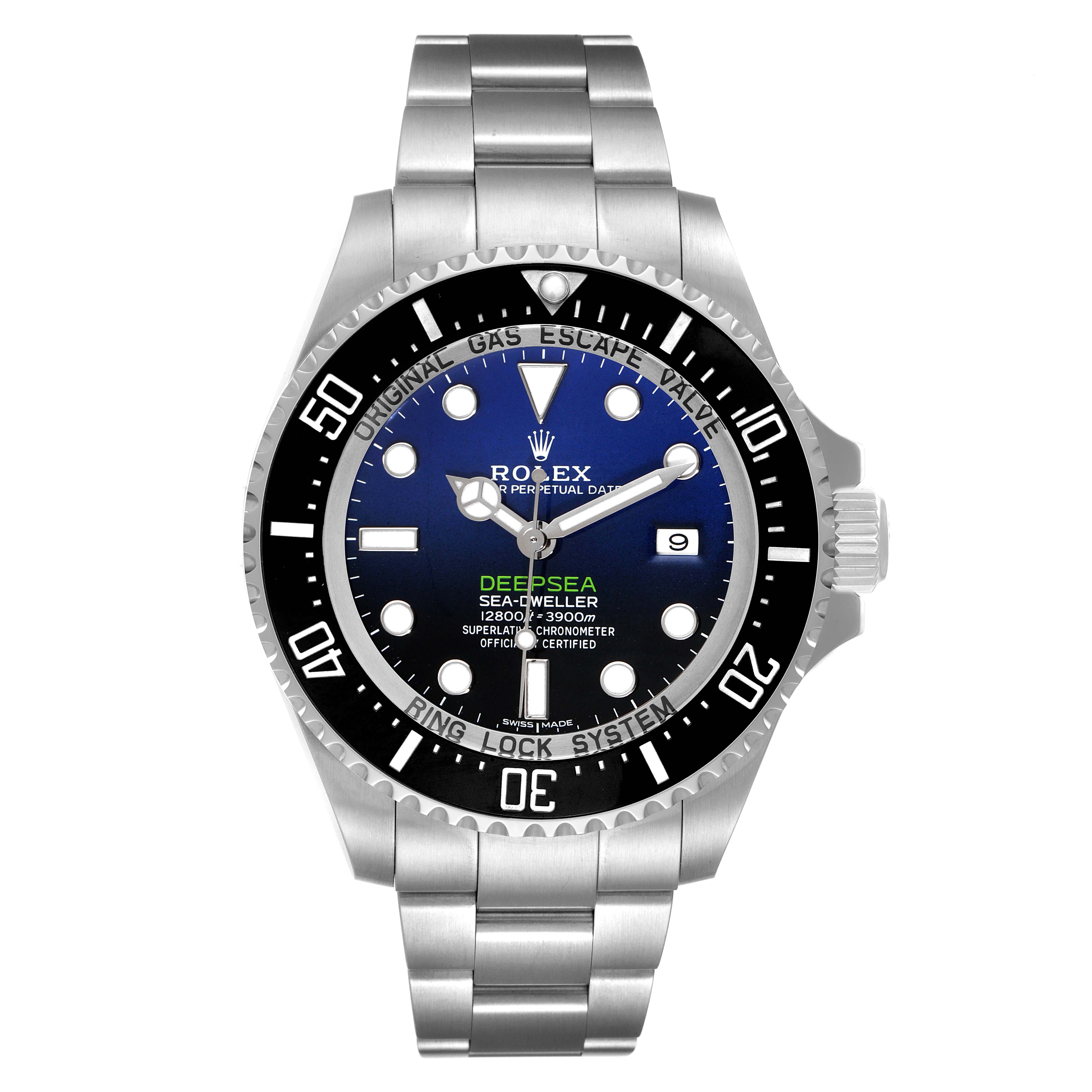 The image shows a Rolex Sea-Dweller 116660 Men's Stainless Steel Blue Dial 116660 Men's Stainless Steel Blue Dial Deepsea watch from a front angle, displaying the face, bezel, and bracelet.