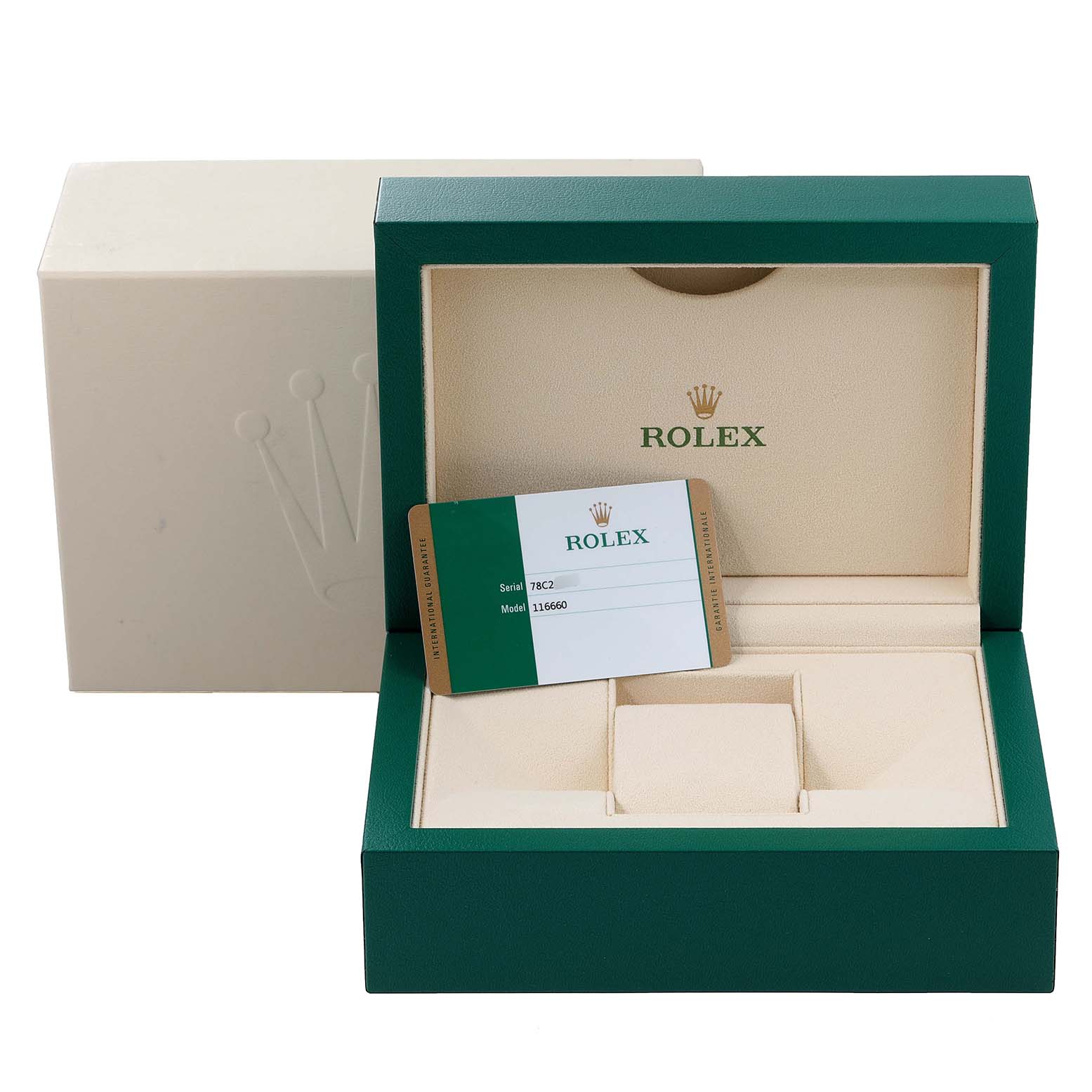 The image shows the packaging box and certification card for the Rolex Sea-Dweller 116660 Men's Stainless Steel Blue Dial 116660 Men's Stainless Steel Blue Dial model.