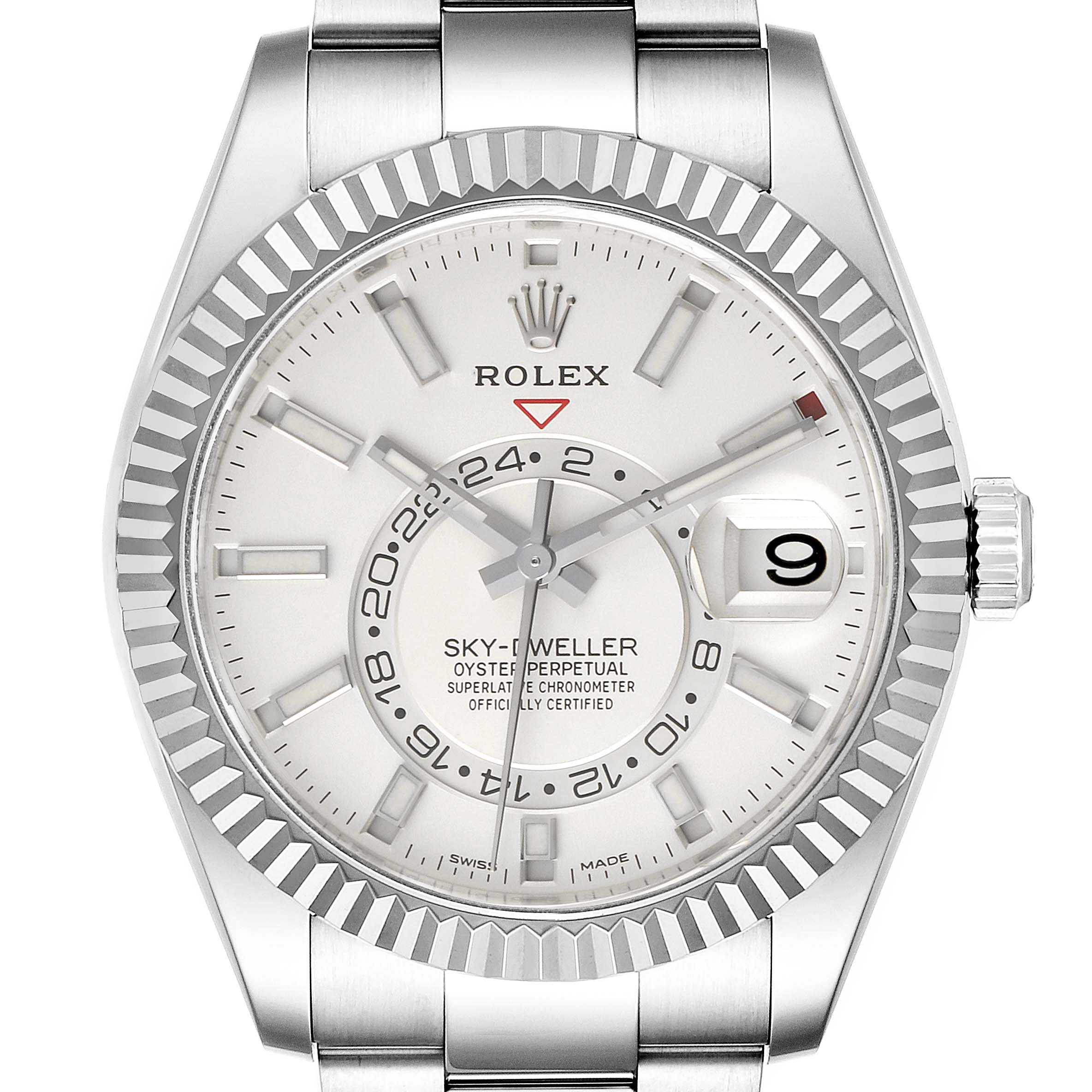 This is a frontal view of a Rolex Sky-Dweller 326934 Men's Stainless Steel White Dial 326934 Men's Stainless Steel White Dial watch showing the dial, bezel, crown, and part of the bracelet.