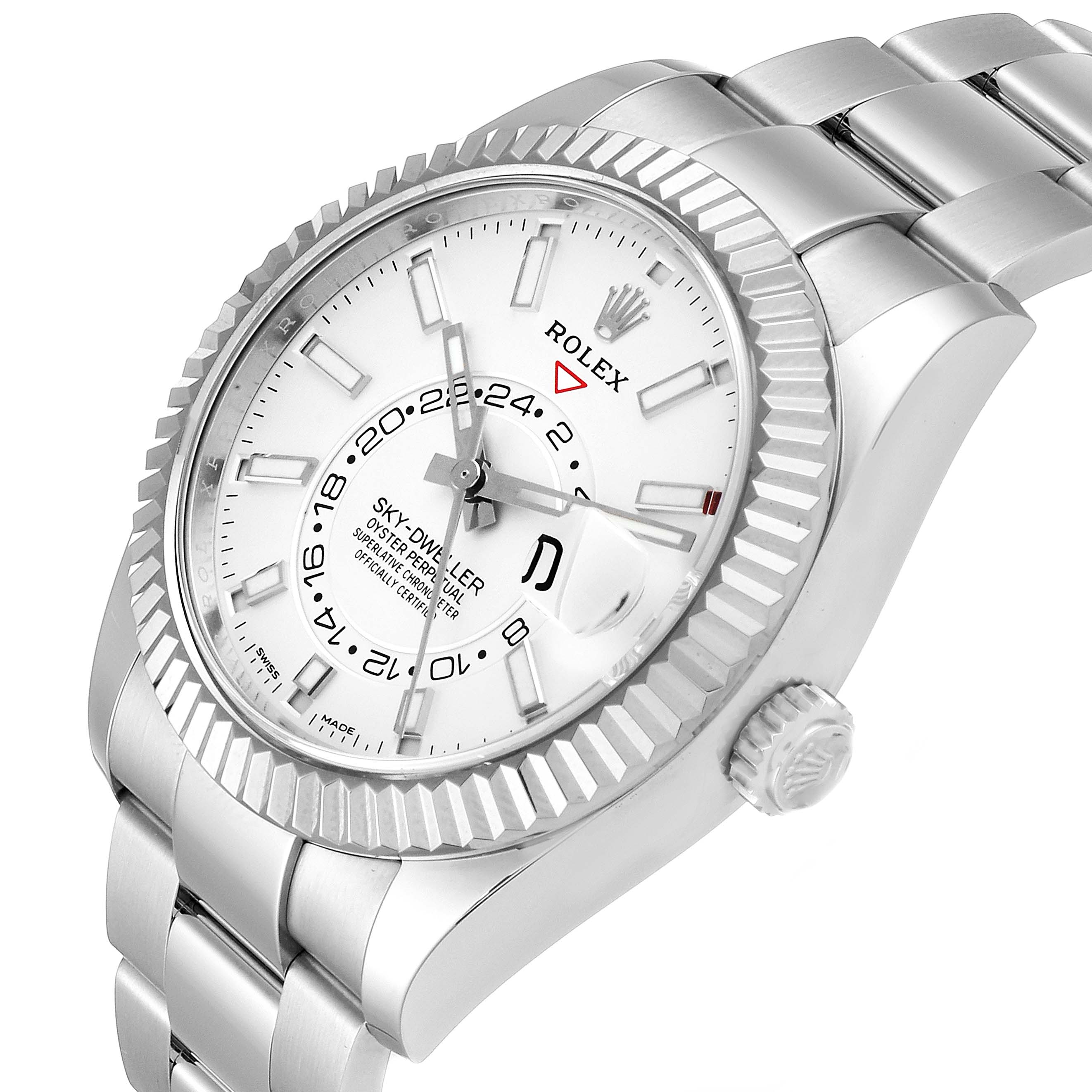 This image shows a stainless steel Rolex Sky-Dweller 326934 Men's Stainless Steel White Dial 326934 Men's Stainless Steel White Dial watch at an angle highlighting the dial, bezel, crown, and part of the bracelet.