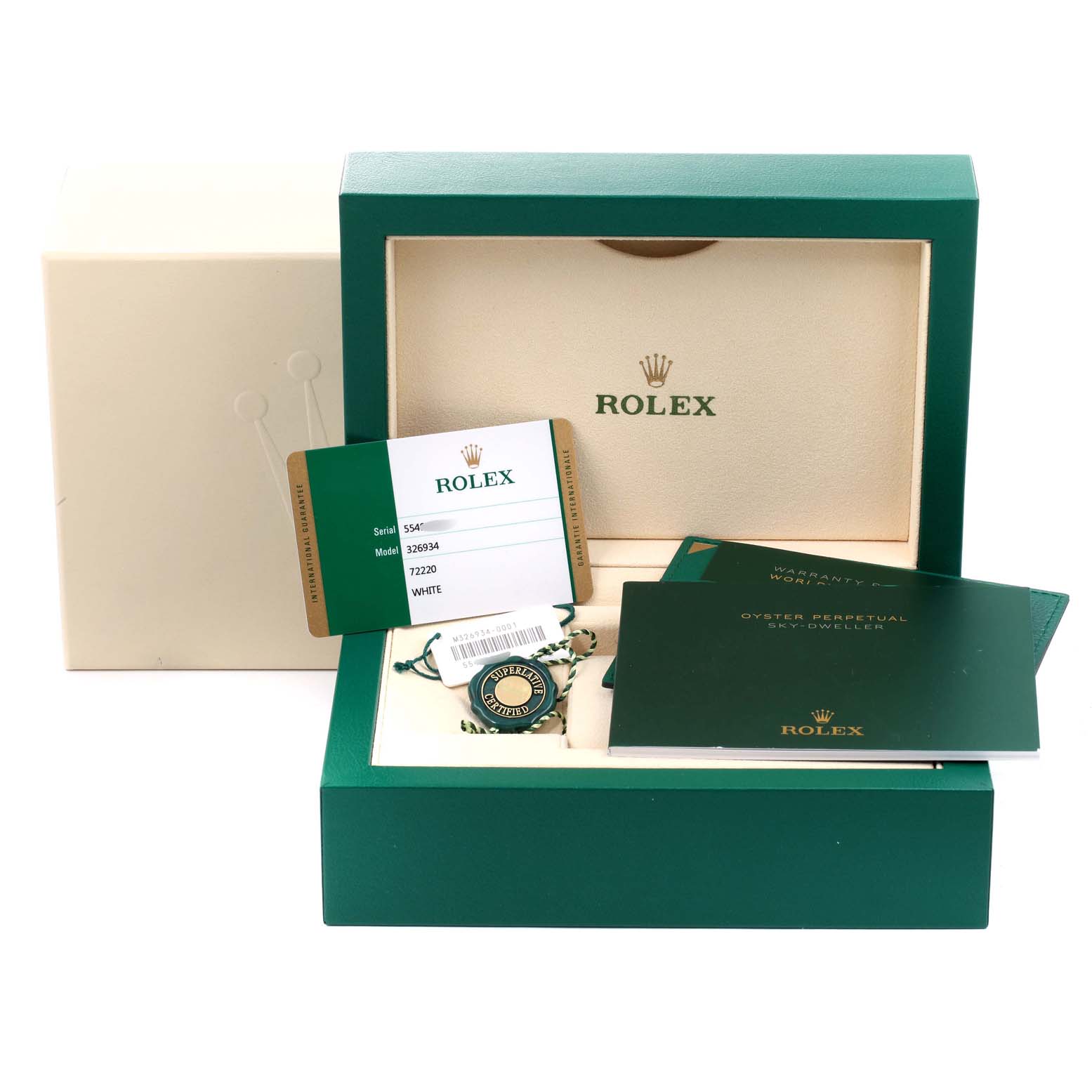 The image shows the packaging, warranty card, and accessories for the Rolex Sky-Dweller 326934 Men's Stainless Steel White Dial 326934 Men's Stainless Steel White Dial model, including the box, booklets, and tags.