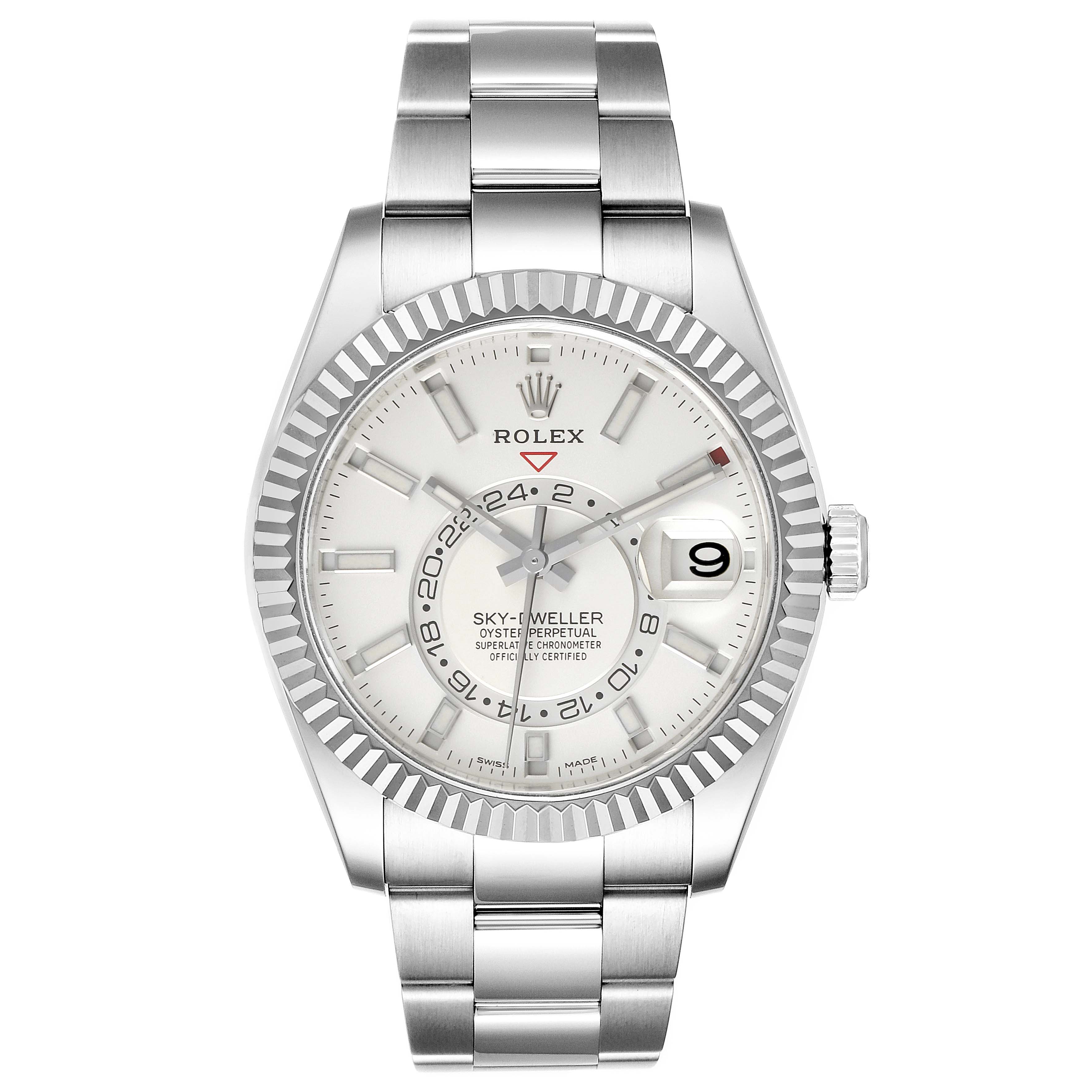 The image shows a front view of a Rolex Sky-Dweller 326934 Men's Stainless Steel White Dial 326934 Men's Stainless Steel White Dial watch, highlighting the dial, bezel, and bracelet.