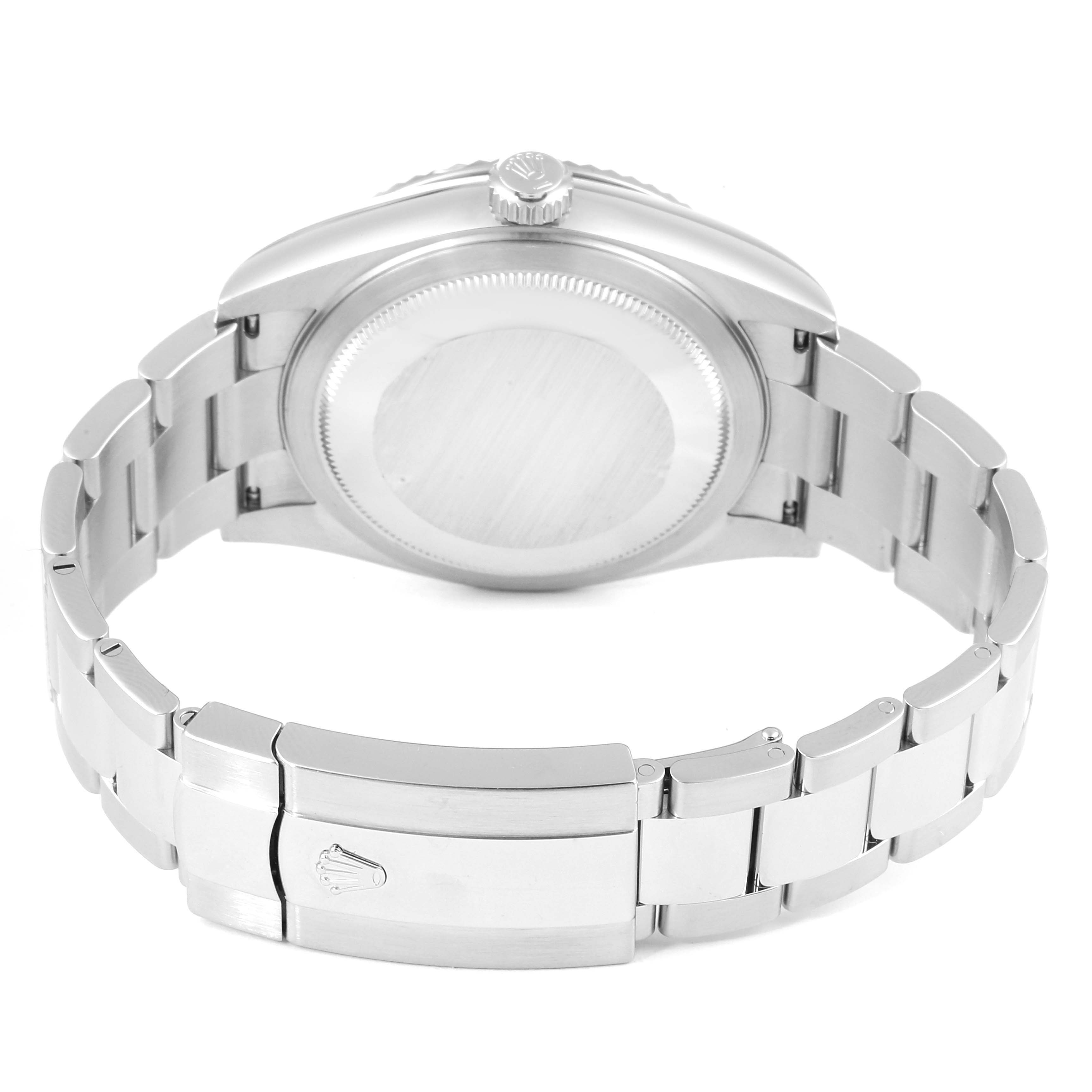 This image shows the back view of the Rolex Sky-Dweller 326934 Men's Stainless Steel White Dial 326934 Men's Stainless Steel White Dial watch, featuring its case back, crown, and bracelet with a clasp.