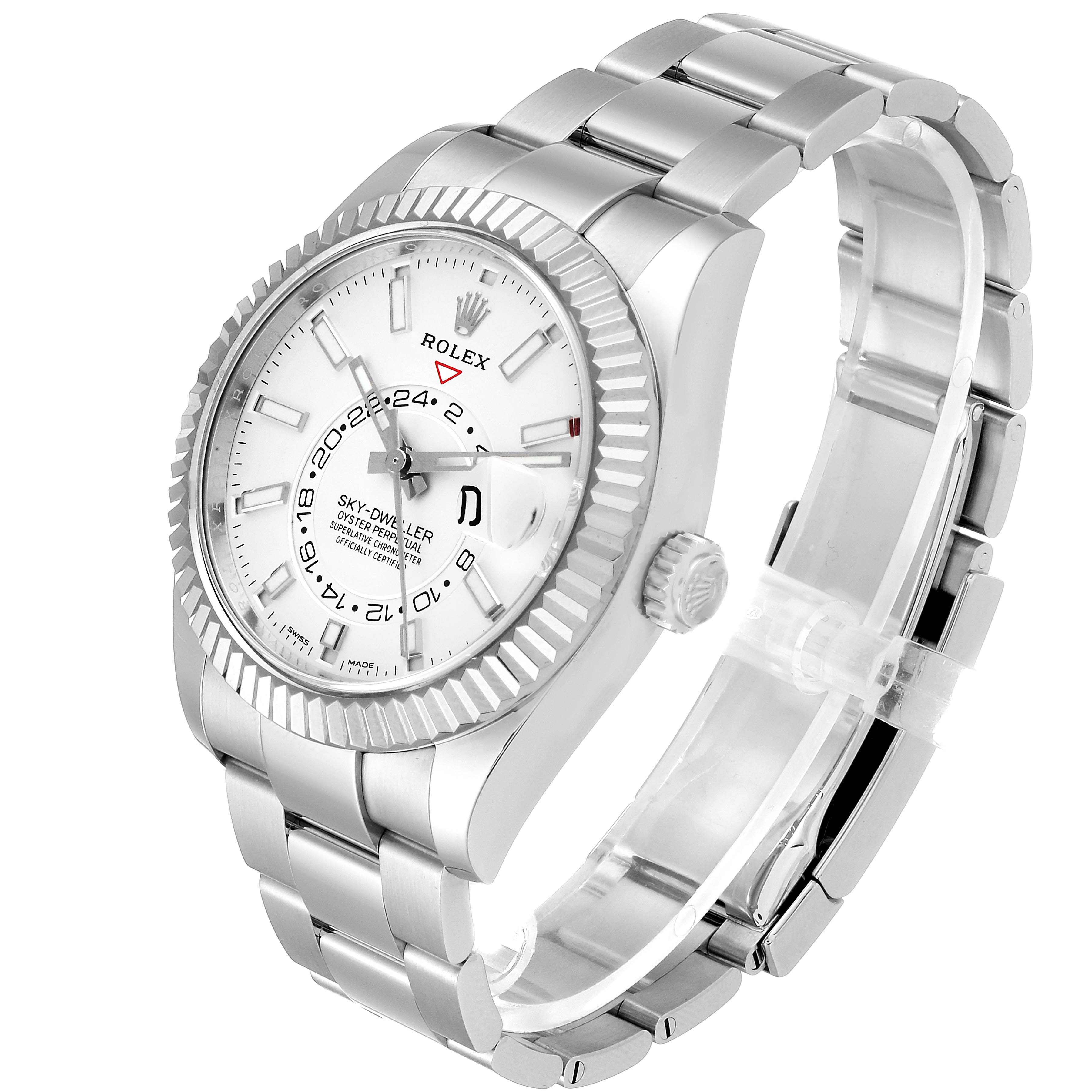 The Rolex Sky-Dweller 326934 Men's Stainless Steel White Dial 326934 Men's Stainless Steel White Dial watch is shown at a slight side angle, highlighting its bracelet, bezel, dial, and crown.