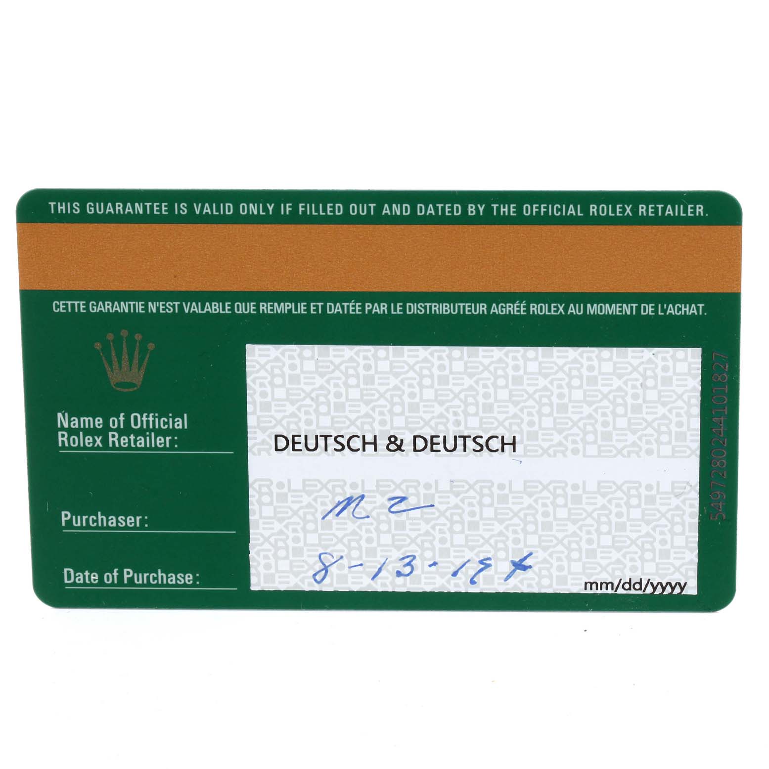 This image shows the guarantee card for the Rolex Sky-Dweller 326934 Men's Stainless Steel White Dial 326934 Men's Stainless Steel White Dial watch, including retailer and purchase details.