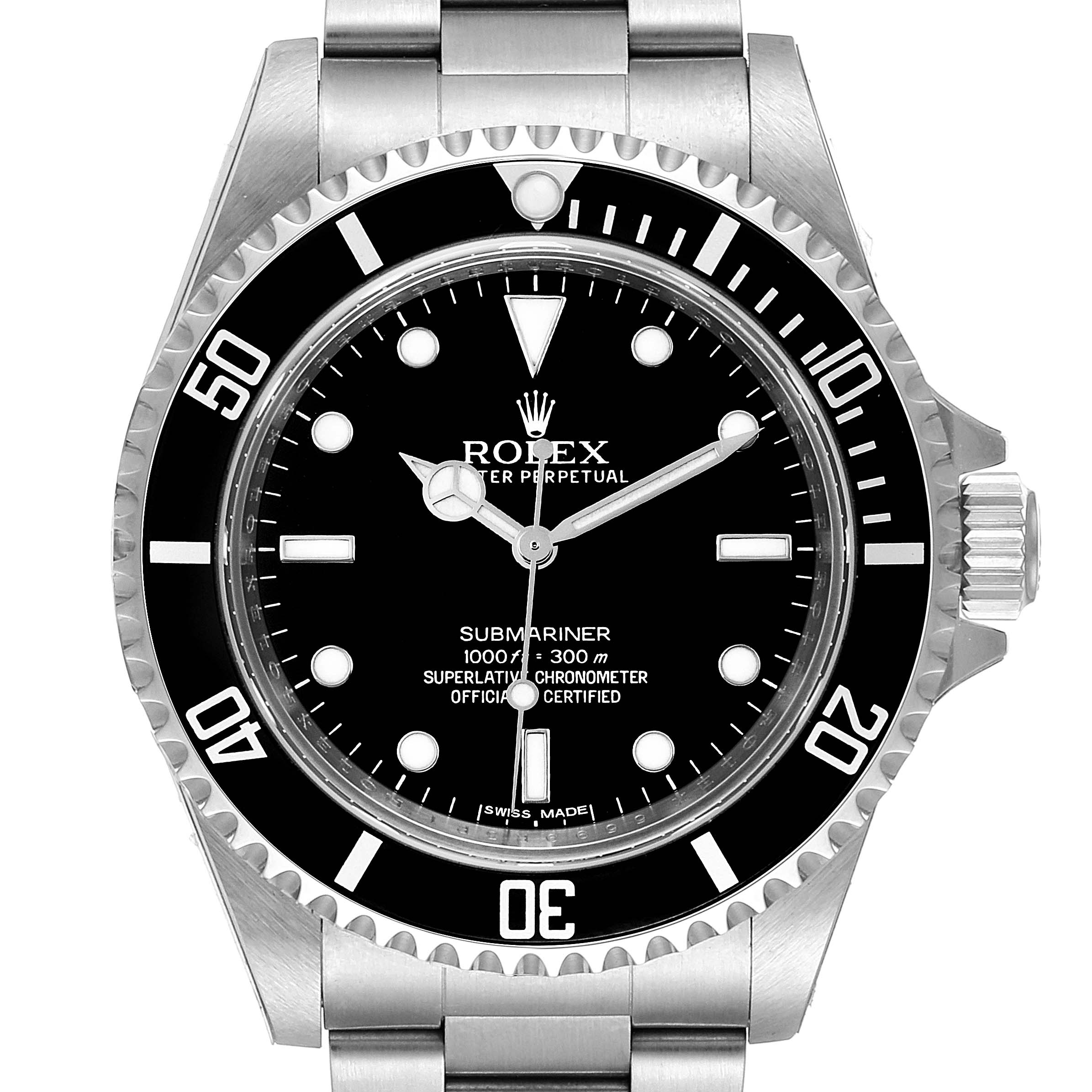 This image shows a front view of a Rolex Submariner 14060M Men's Stainless Steel Black Dial 14060M Men's Stainless Steel Black Dial watch, highlighting its black dial, bezel, and stainless steel bracelet.