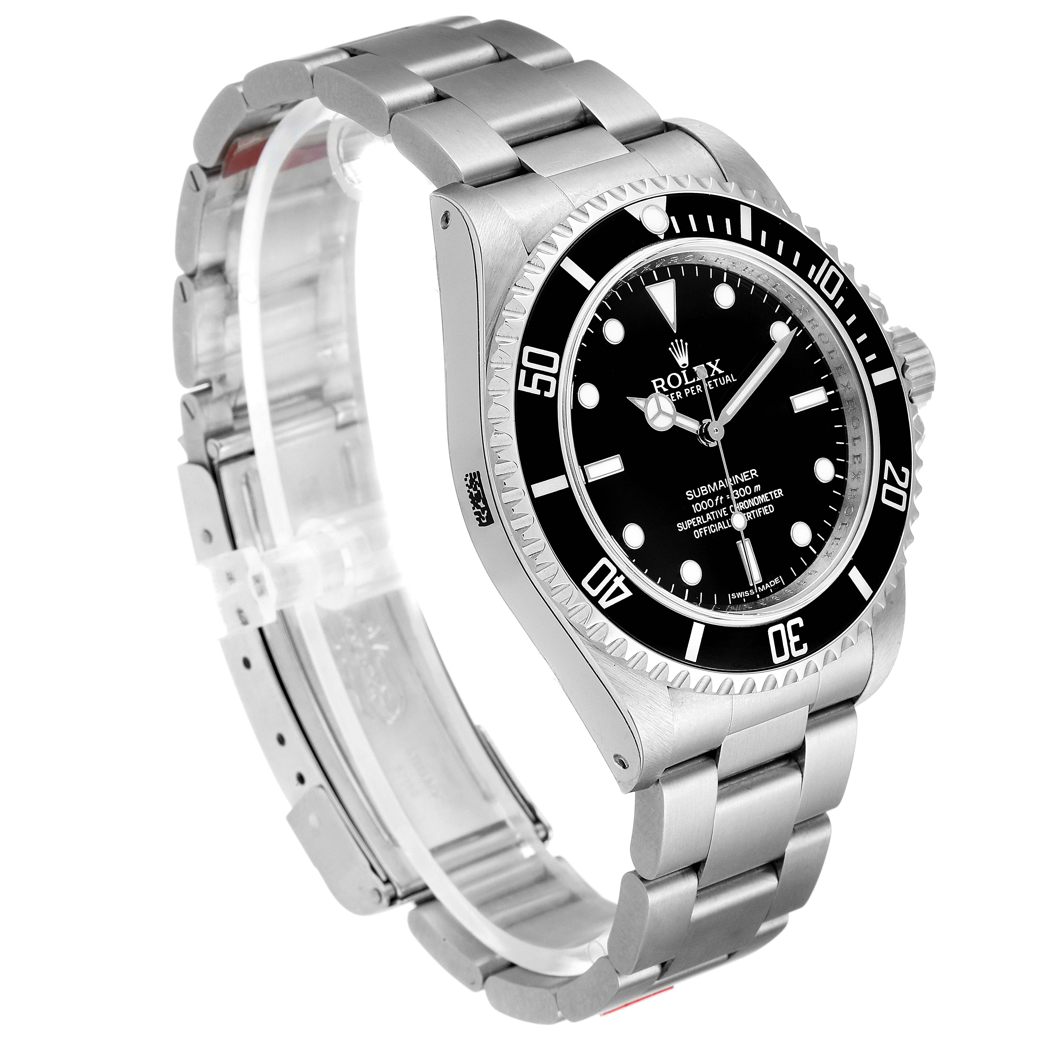 The image shows a side angle view of a Rolex Submariner 14060M Men's Stainless Steel Black Dial 14060M Men's Stainless Steel Black Dial watch, highlighting its face, bezel, bracelet, and clasp.