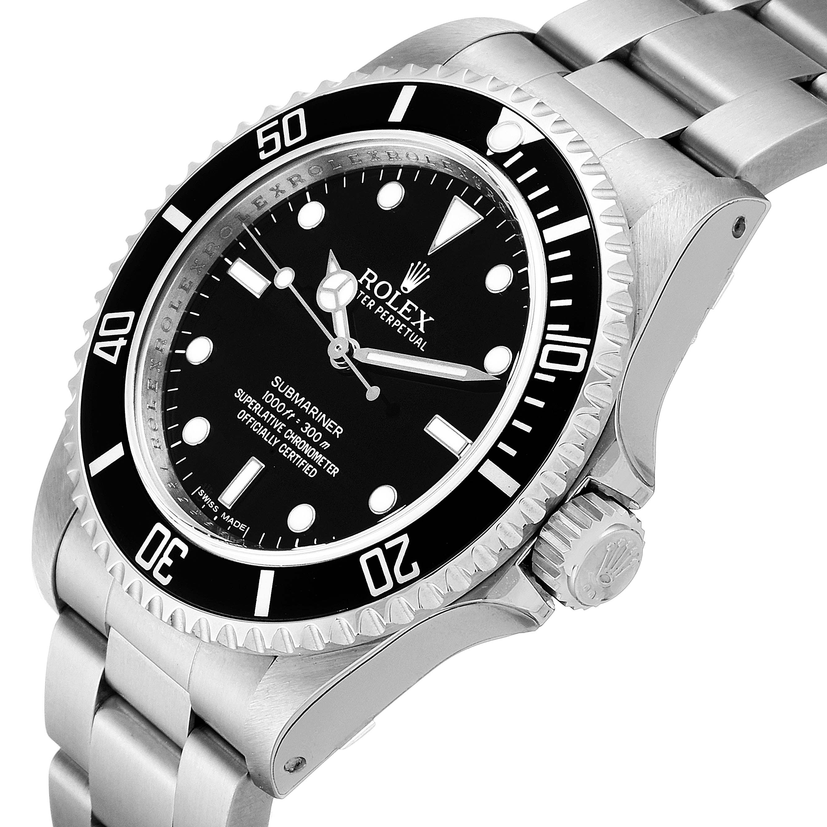 This image shows a Rolex Submariner 14060M Men's Stainless Steel Black Dial 14060M Men's Stainless Steel Black Dial watch at a three-quarter angle, highlighting its face, bezel, and bracelet.