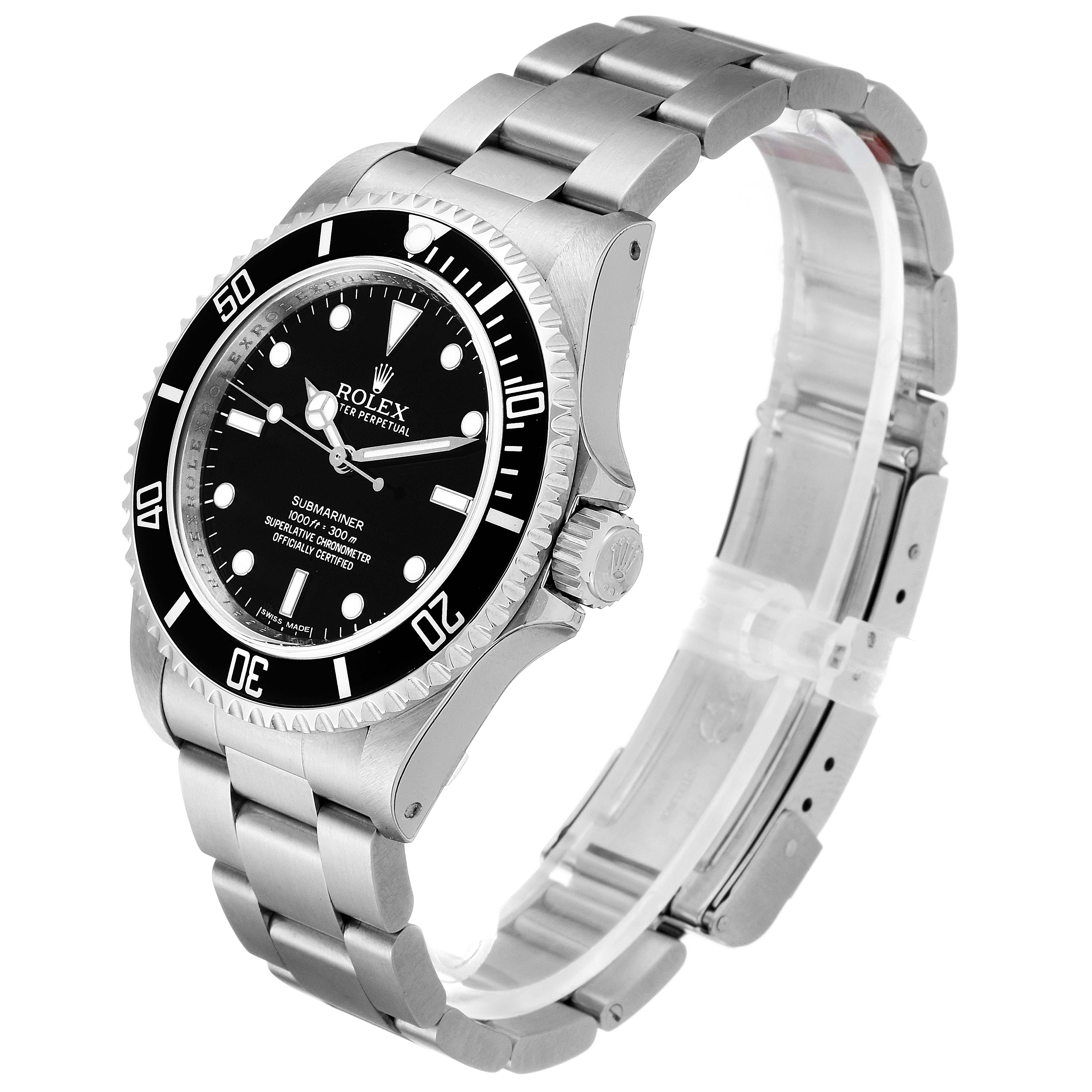 The image shows a side view of the Rolex Submariner 14060M Men's Stainless Steel Black Dial 14060M Men's Stainless Steel Black Dial watch, highlighting the dial, bezel, crown guard, and bracelet.