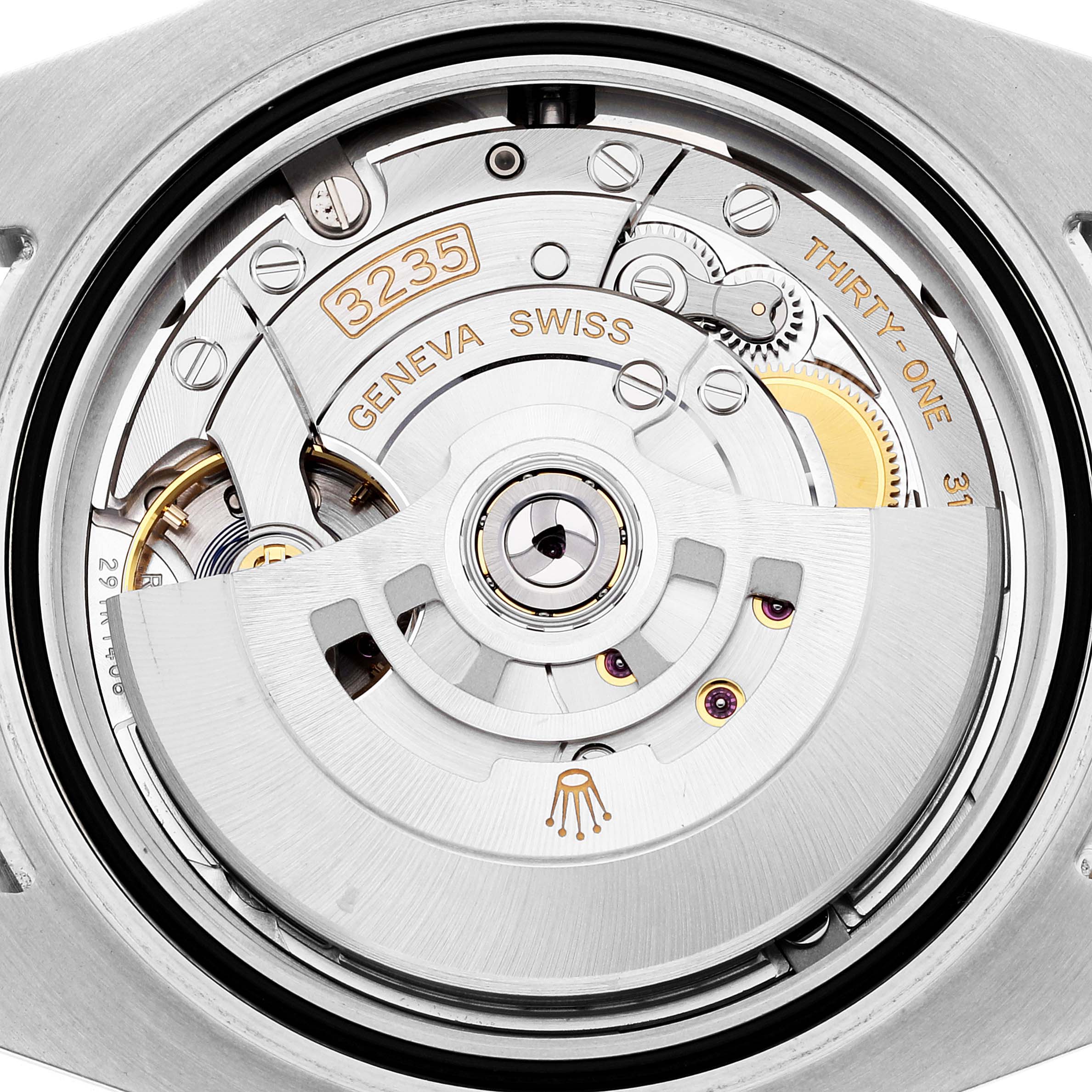 This image shows the movement and internal mechanics of a Rolex Submariner 126613 Men's Steel and Gold (two tone) Blue Dial 126613 Men's Steel and Gold (two tone) Blue Dial watch, specifically the caliber 3235.