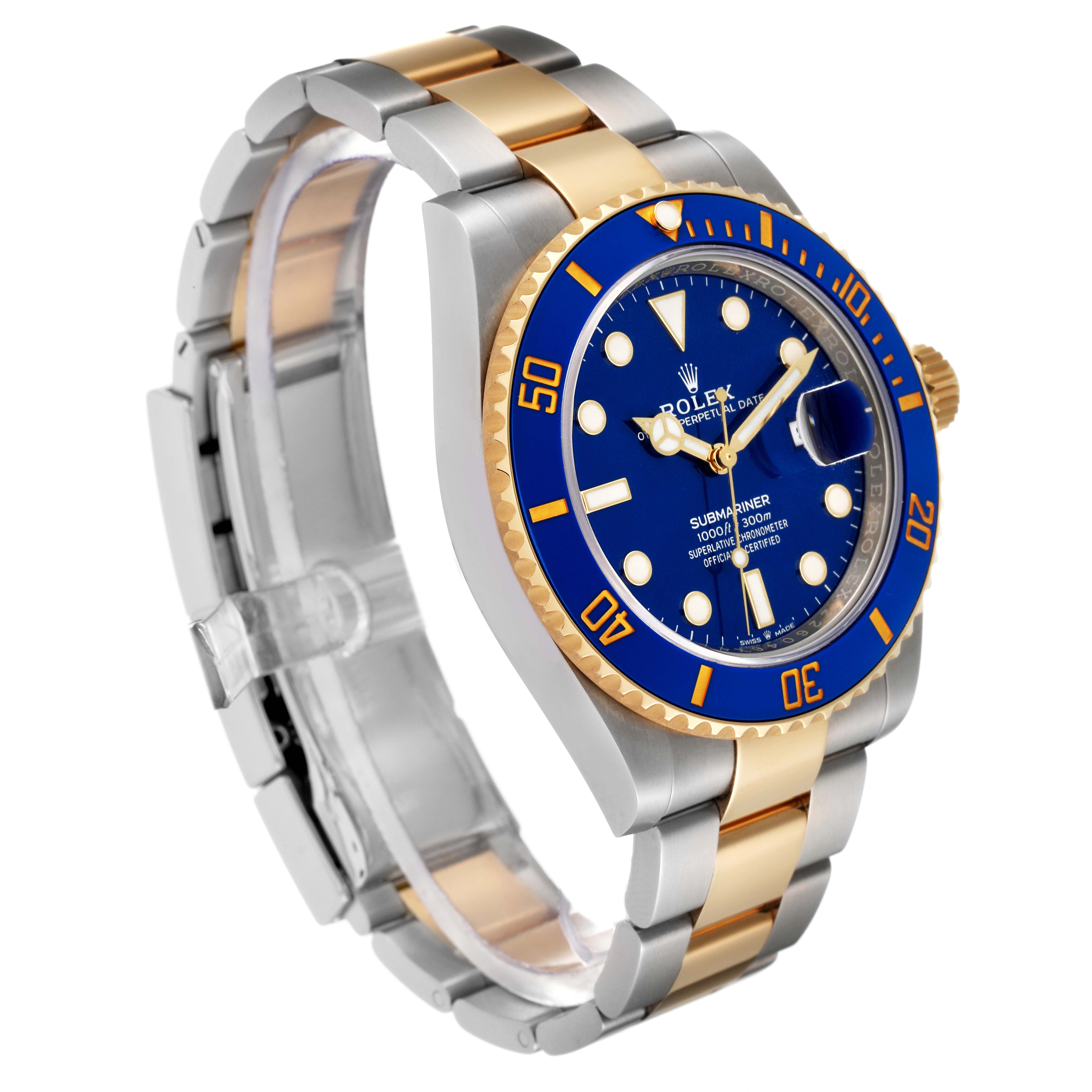 This Rolex Submariner 126613 Men's Steel and Gold (two tone) Blue Dial 126613 Men's Steel and Gold (two tone) Blue Dial watch is shown at a left-front angle, highlighting its blue dial, bezel, and two-tone bracelet.