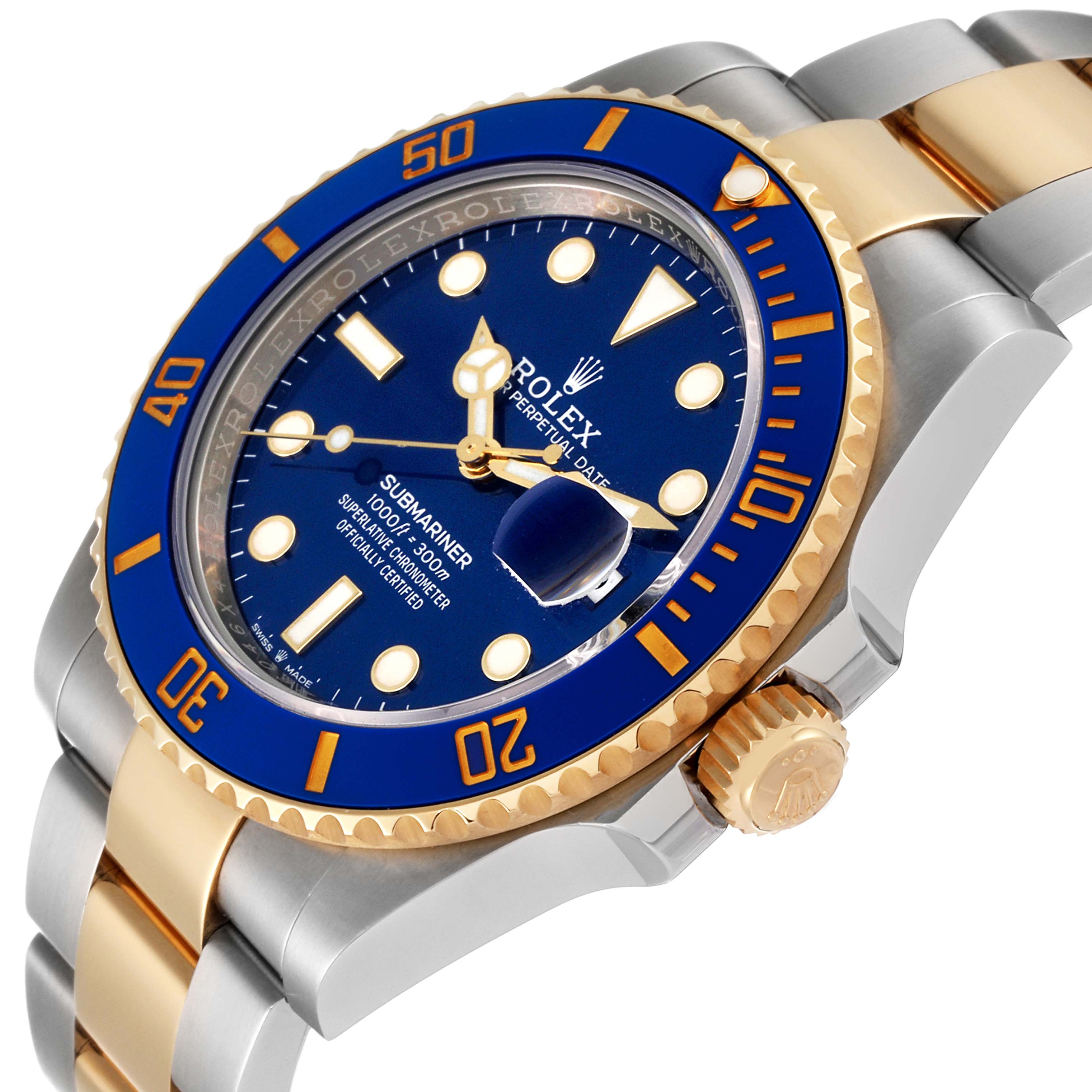 The image shows a close-up angle of a Rolex Submariner 126613 Men's Steel and Gold (two tone) Blue Dial 126613 Men's Steel and Gold (two tone) Blue Dial watch, highlighting the blue bezel, dial, and two-tone bracelet.