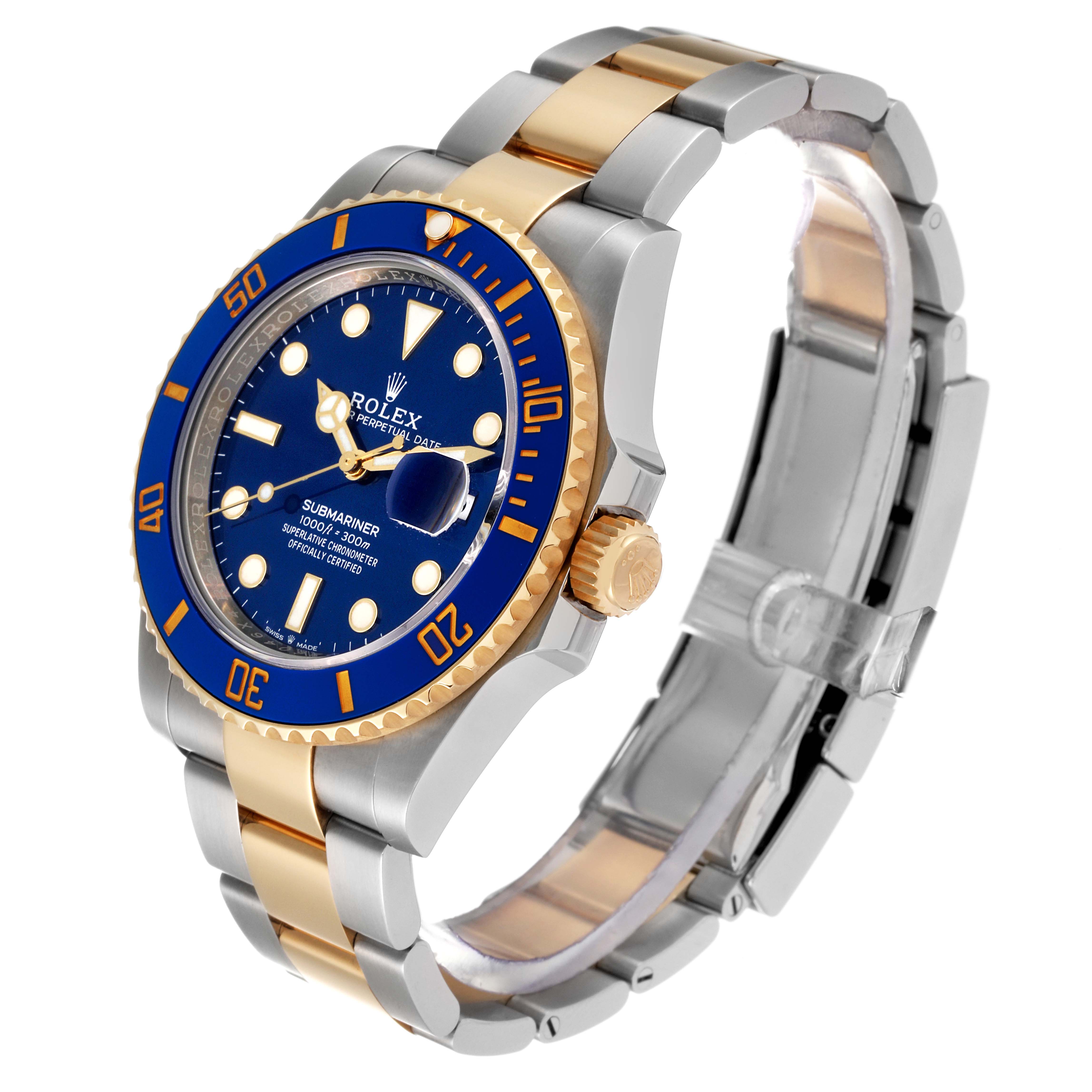 The image shows a side-angle view of a Rolex Submariner 126613 Men's Steel and Gold (two tone) Blue Dial 126613 Men's Steel and Gold (two tone) Blue Dial watch, highlighting its blue dial and two-tone bracelet.