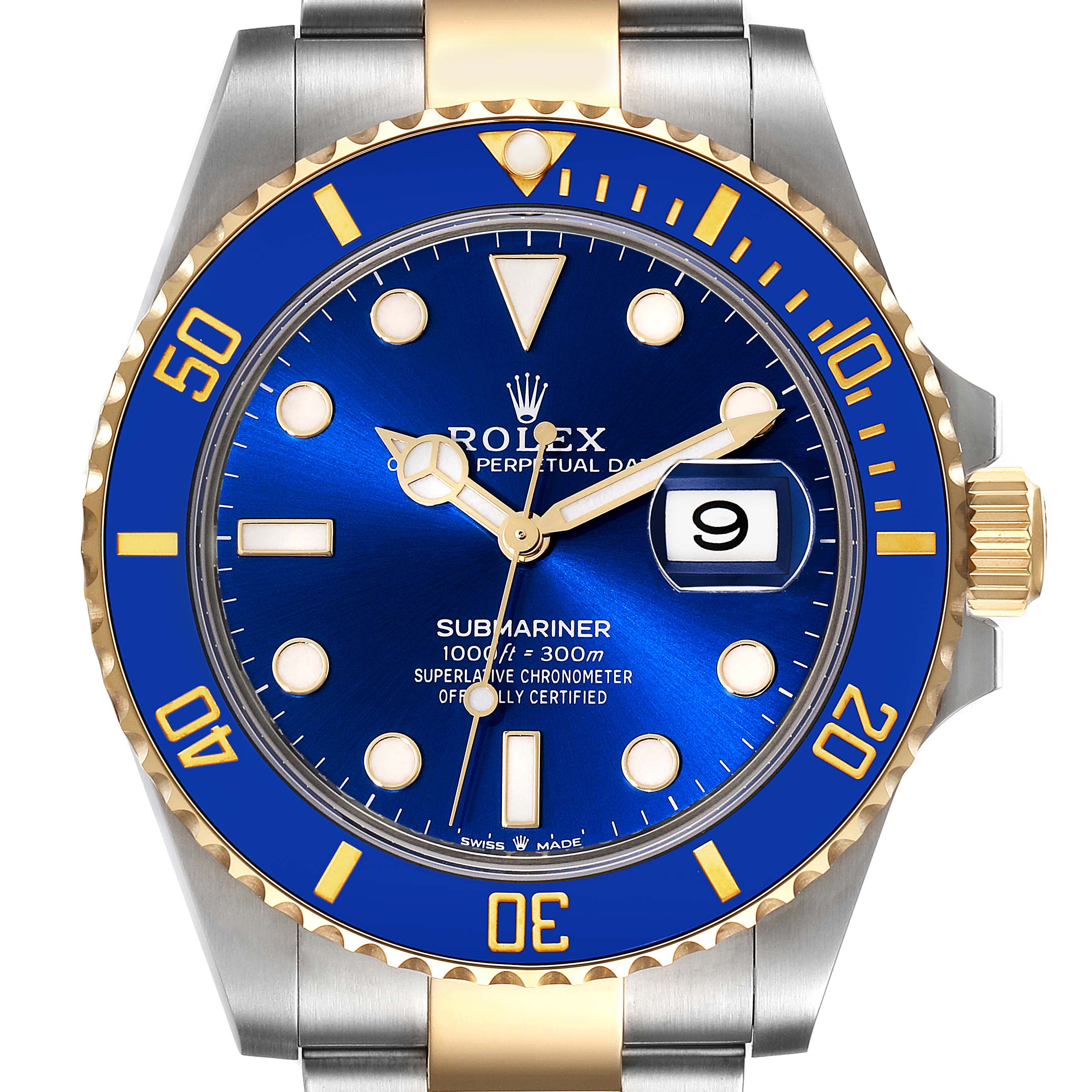 This image shows a front view of a Rolex Submariner 126613 Men's Steel and Gold (two tone) Blue Dial 126613 Men's Steel and Gold (two tone) Blue Dial watch with a blue dial and gold accents.