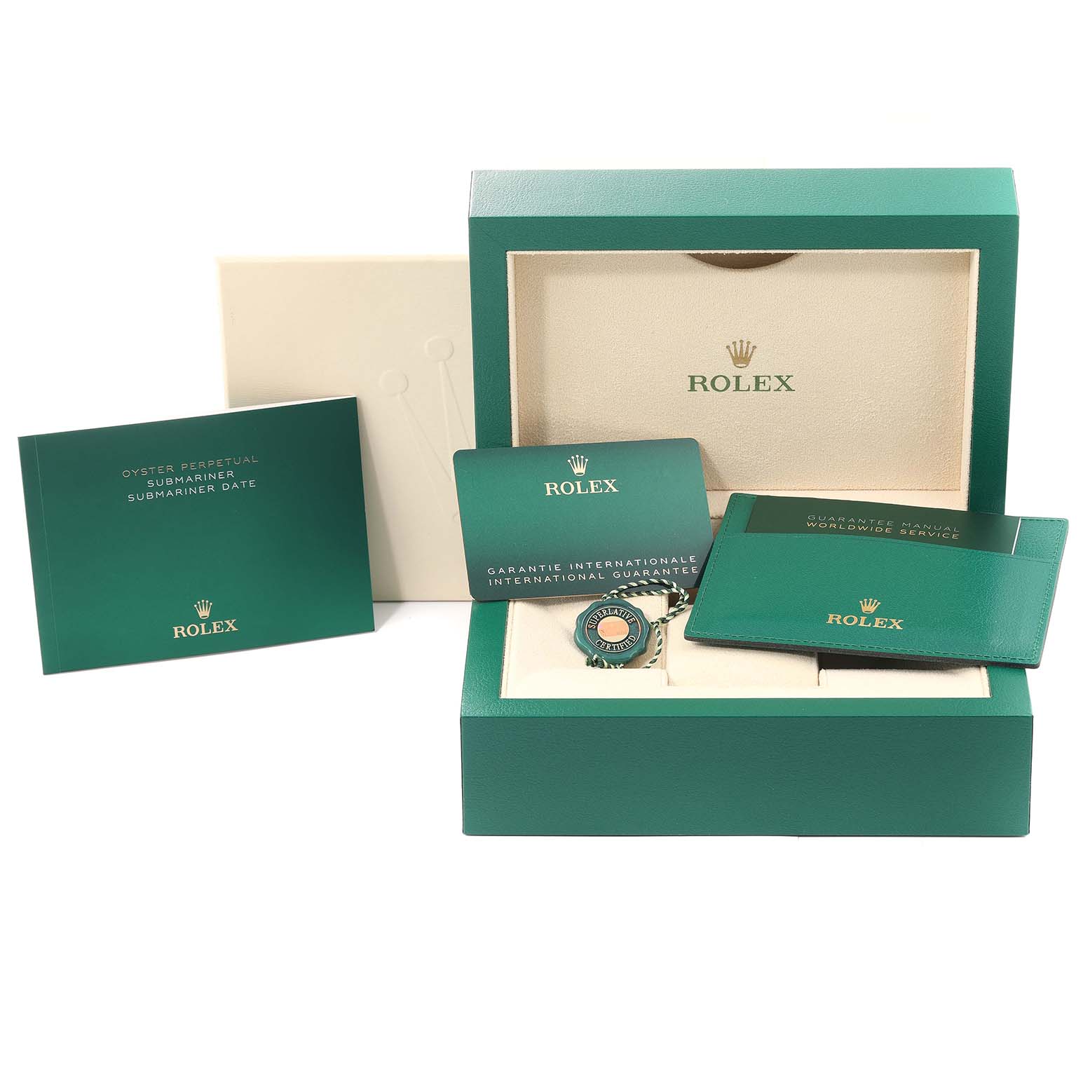 The image shows the Rolex Submariner 126613 Men's Steel and Gold (two tone) Blue Dial 126613 Men's Steel and Gold (two tone) Blue Dial watch accessories, including manuals, warranty card, and watch box, viewed from the front.