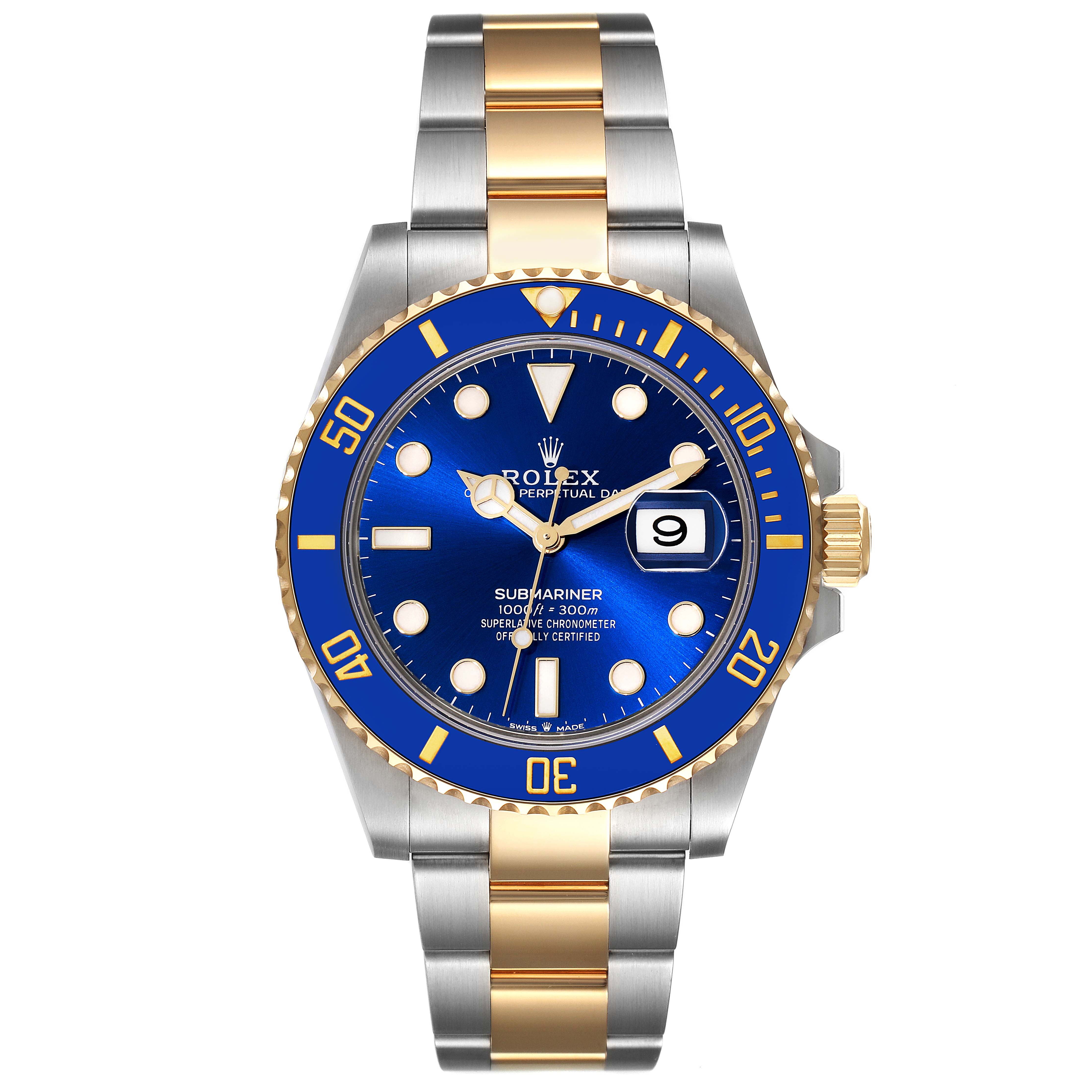 The Rolex Submariner 126613 Men's Steel and Gold (two tone) Blue Dial 126613 Men's Steel and Gold (two tone) Blue Dial watch is shown from the front, displaying its blue dial, date window, and two-tone bracelet.