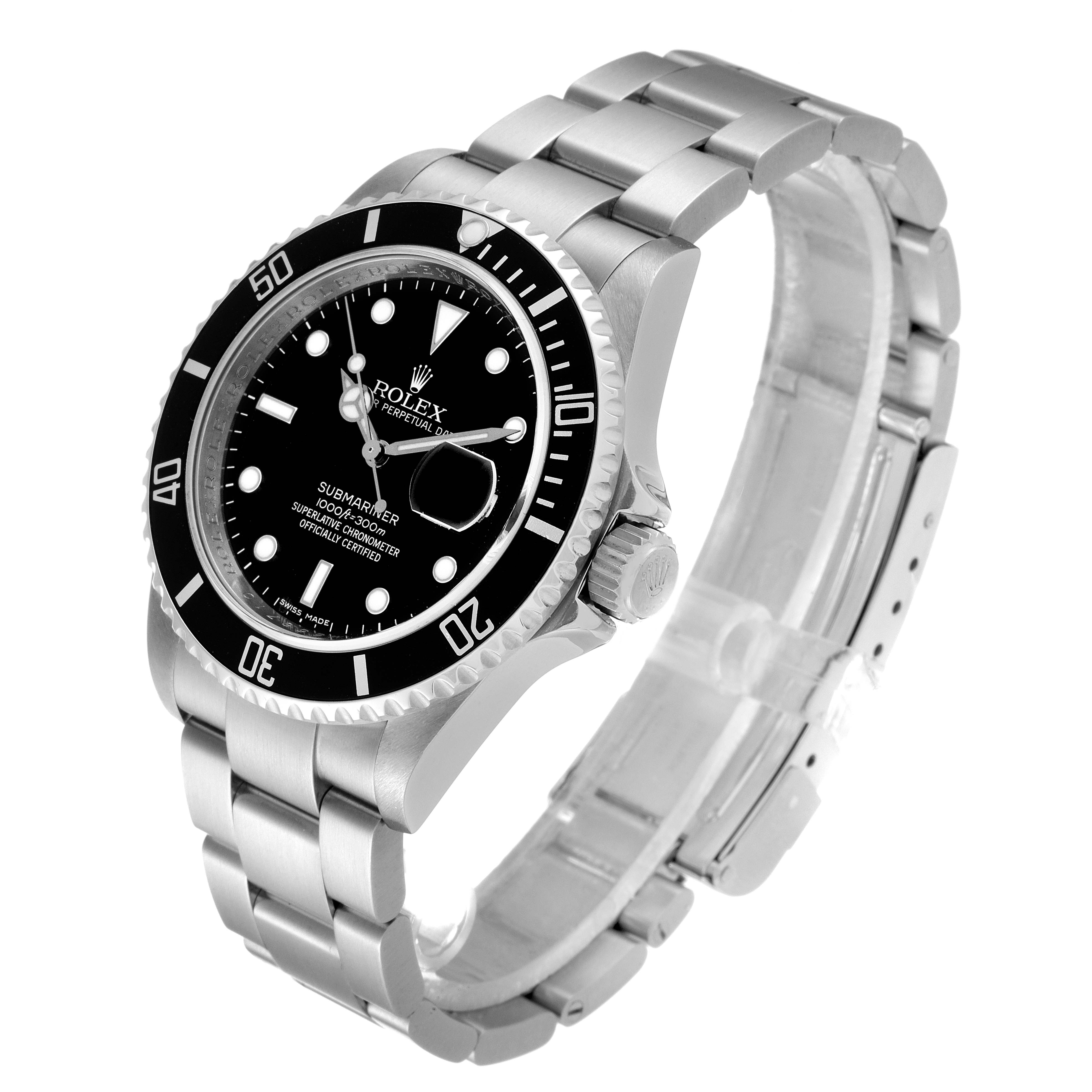 The Rolex Submariner 16610 Men
s Stainless Steel Black Dial 16610 Men
s Stainless Steel Black Dial watch is shown at a three-quarter angle, highlighting the dial, bezel, crown, and bracelet.