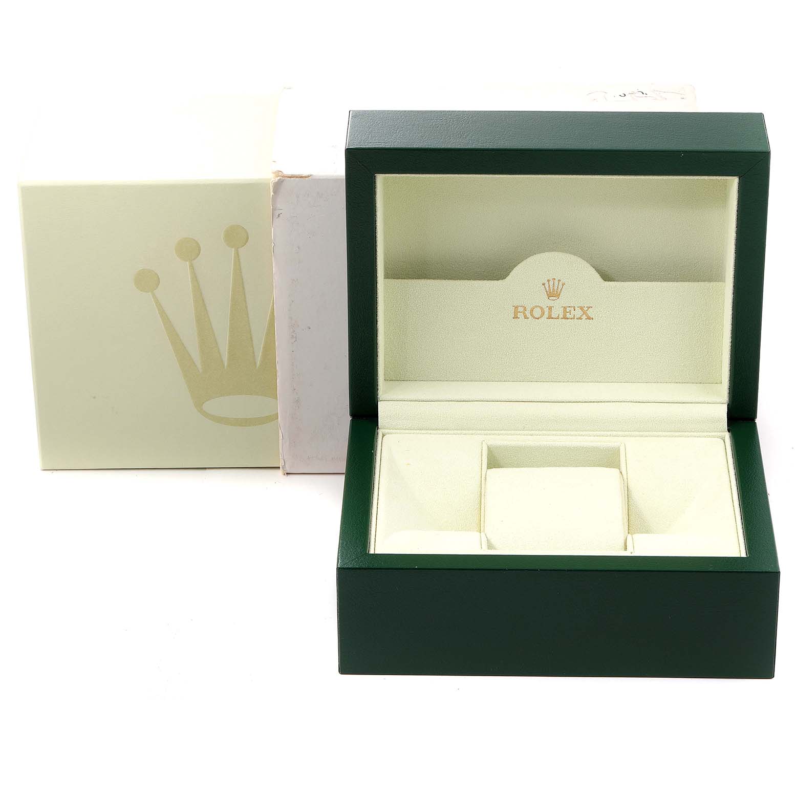 The image shows an open Rolex Submariner 16610 Men
s Stainless Steel Black Dial 16610 Men
s Stainless Steel Black Dial watch box with its outer packaging.