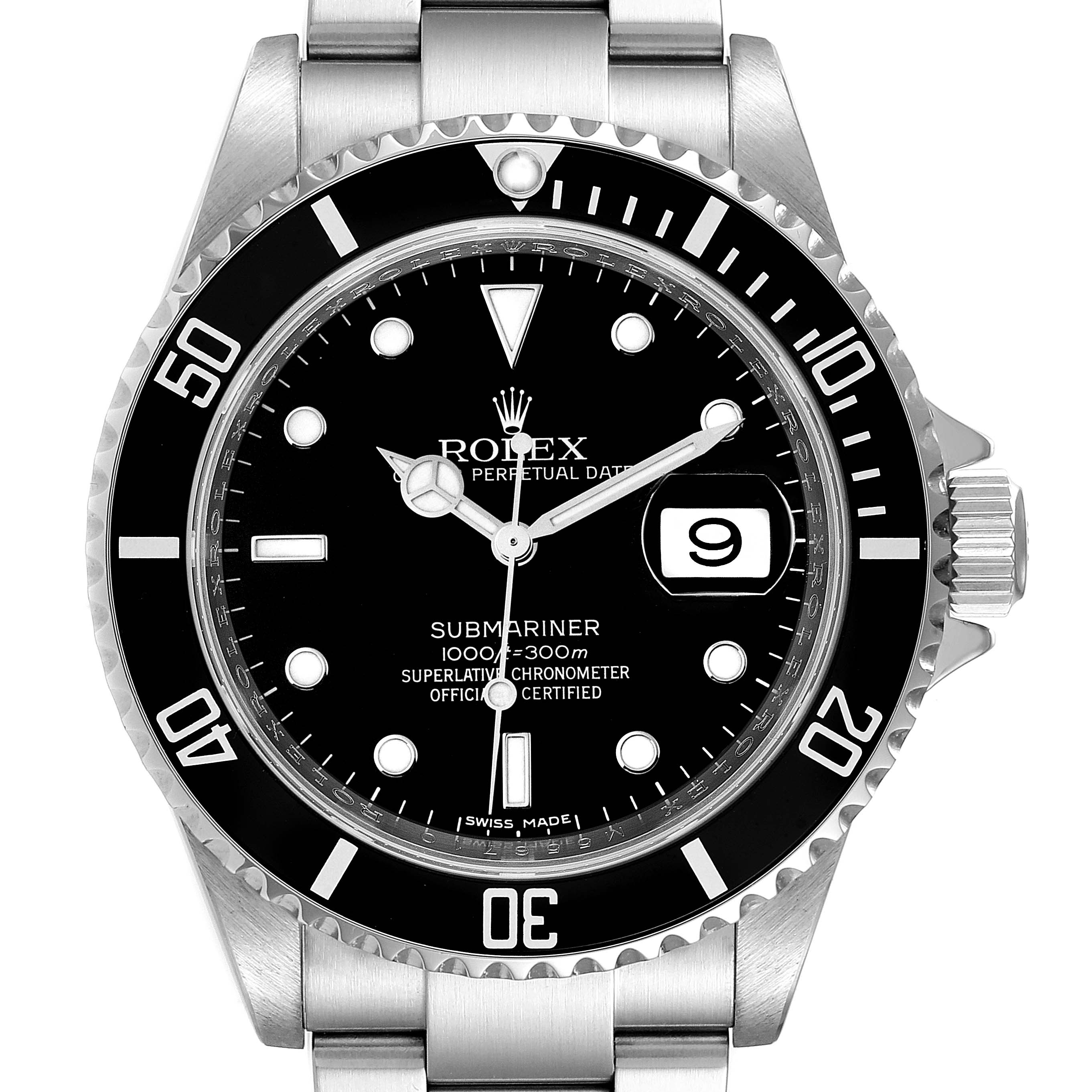 This image shows a front view of a Rolex Submariner 16610 Men
s Stainless Steel Black Dial 16610 Men
s Stainless Steel Black Dial watch, highlighting the face, bezel, crown, and part of the bracelet.