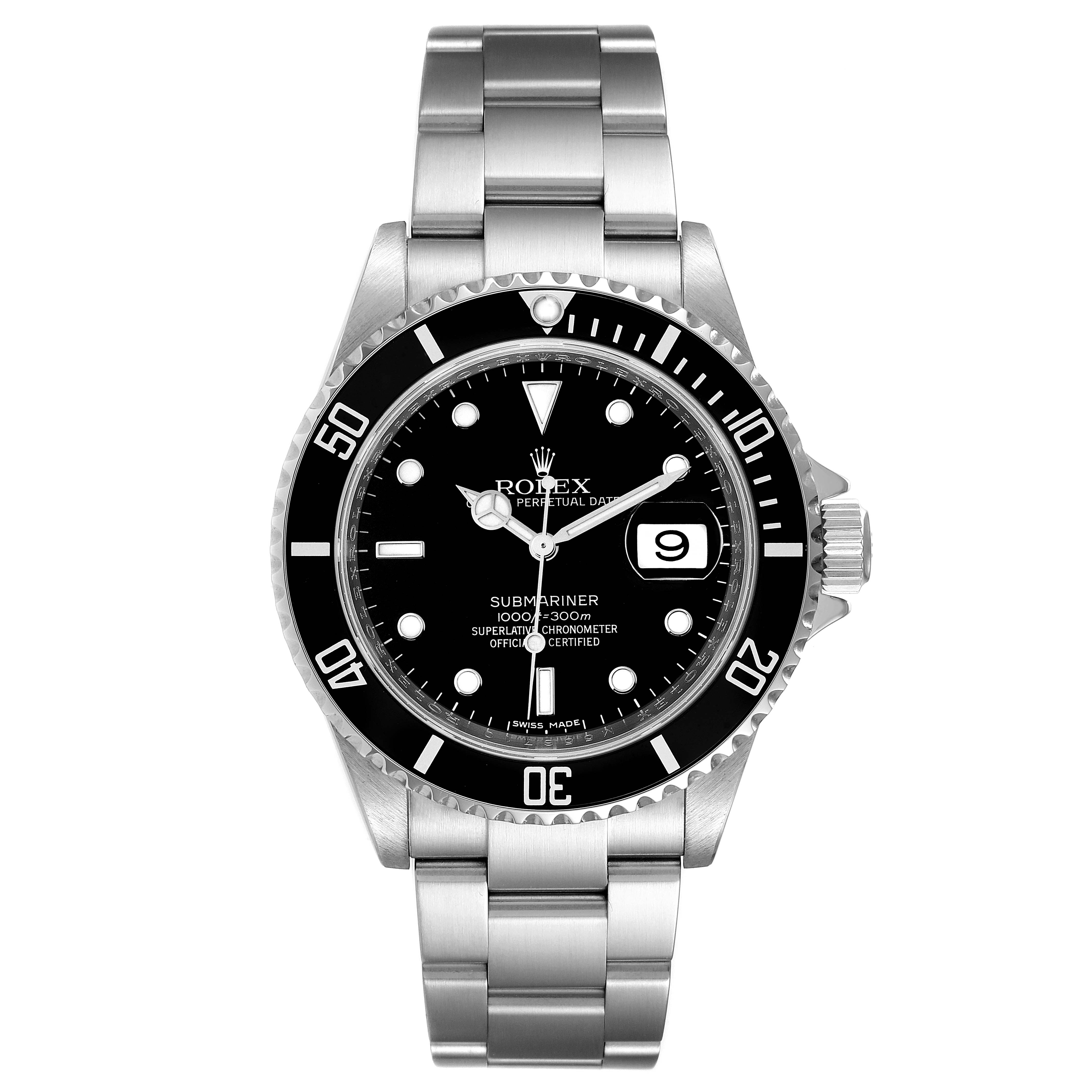 This image shows a front-facing view of a Rolex Submariner 16610 Men
s Stainless Steel Black Dial 16610 Men
s Stainless Steel Black Dial watch including the dial, bezel, and stainless steel bracelet.