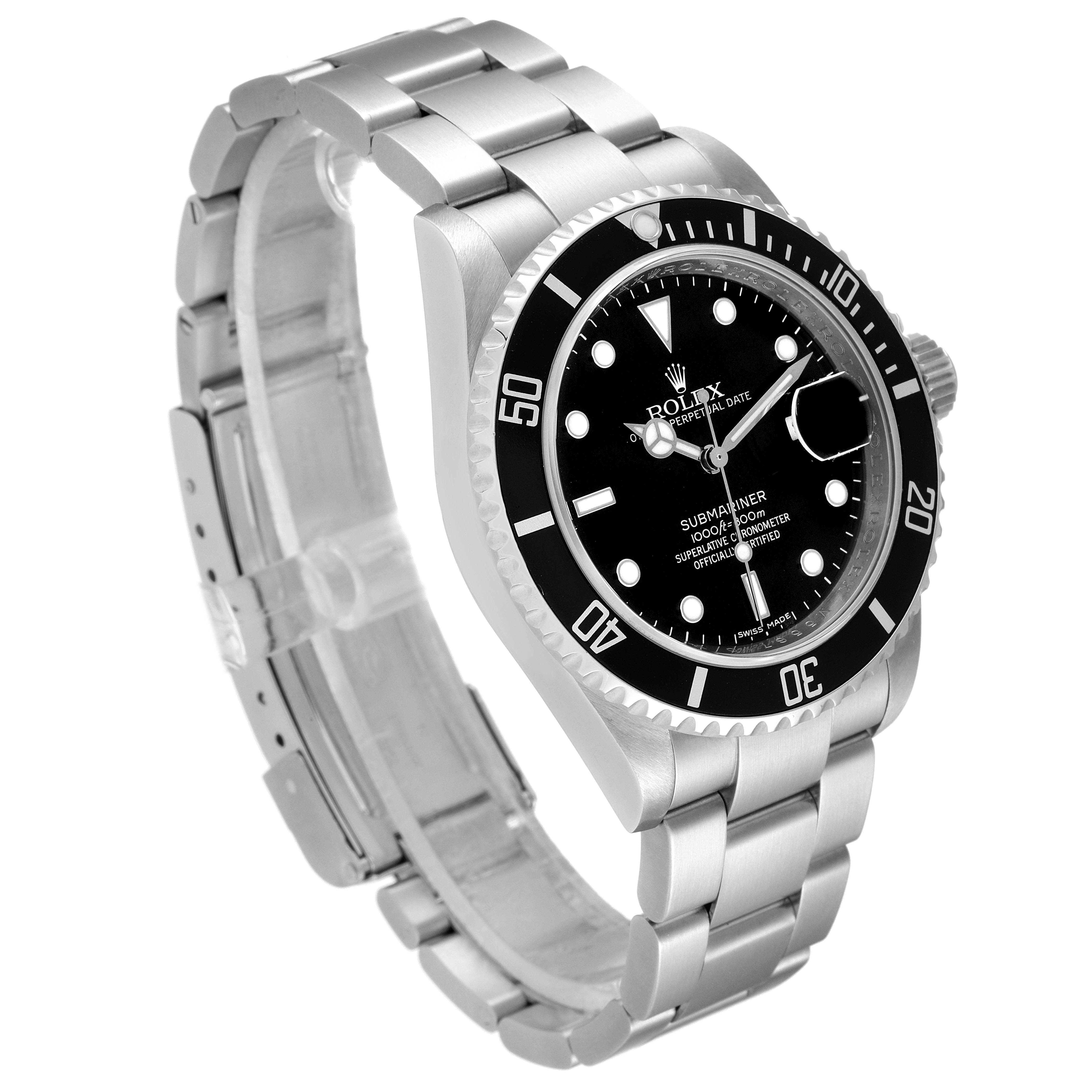 The Rolex Submariner 16610 Men
s Stainless Steel Black Dial 16610 Men
s Stainless Steel Black Dial watch is shown at a slight angle, displaying the face, bezel, crown, and part of the stainless steel bracelet.