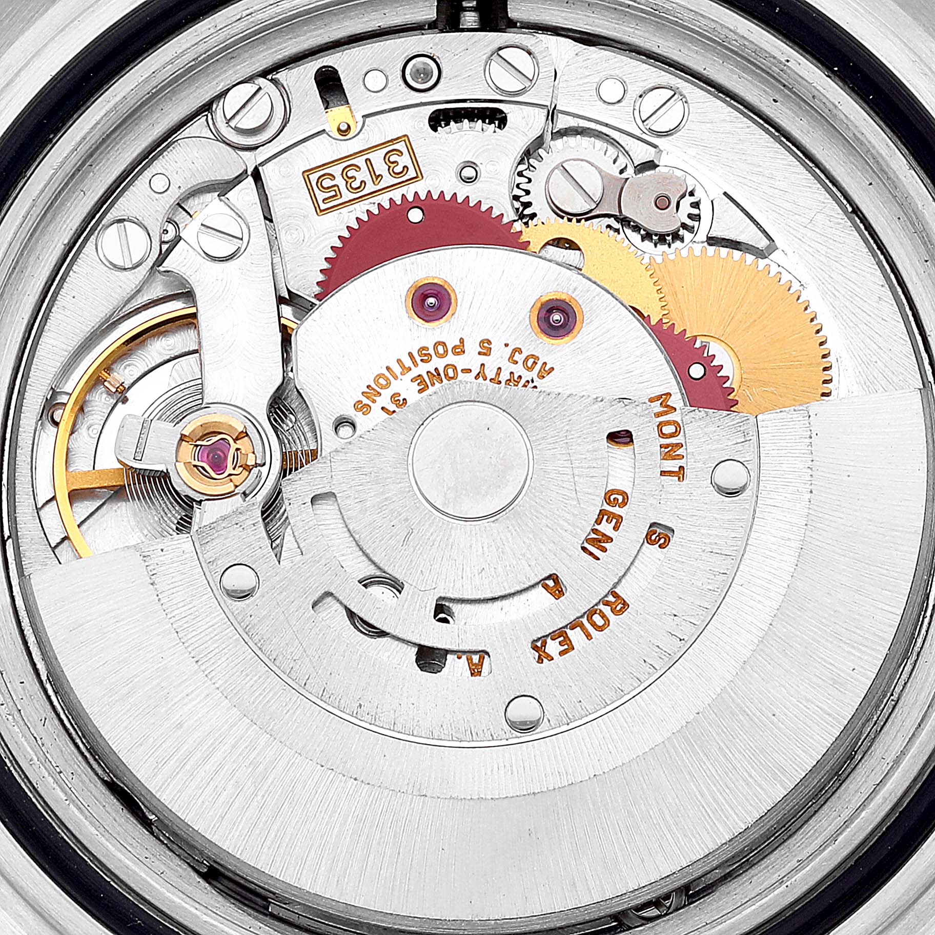 This close-up image shows the intricate inner workings and gears of the Rolex Submariner 16613 Men's Steel and Gold (two tone) Blue Dial 16613 Men's Steel and Gold (two tone) Blue Dial model's movement mechanism.