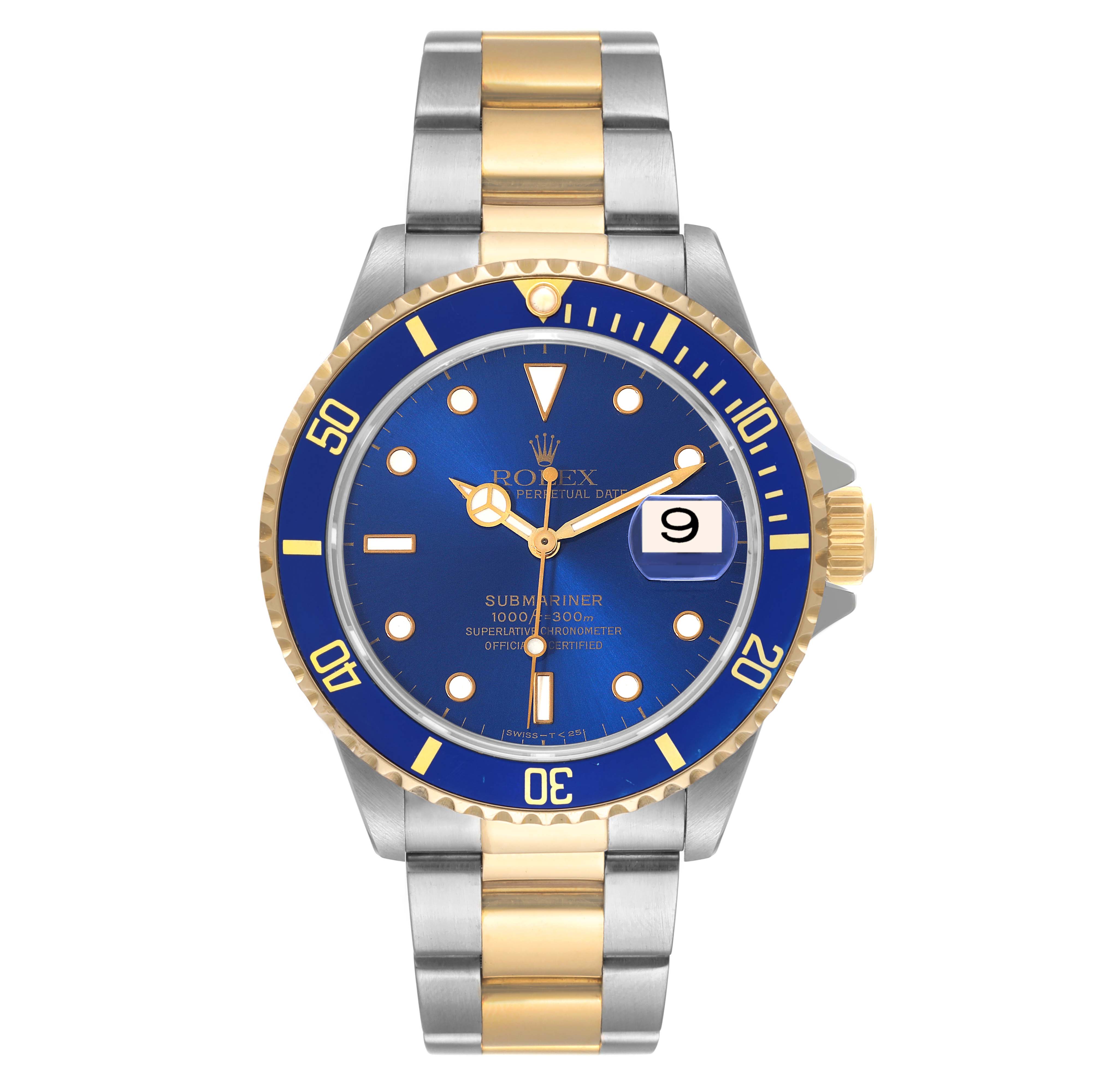 This image shows a Rolex Submariner 16613 Men's Steel and Gold (two tone) Blue Dial 16613 Men's Steel and Gold (two tone) Blue Dial watch from a straight-on angle, highlighting its dial, bezel, and bracelet.