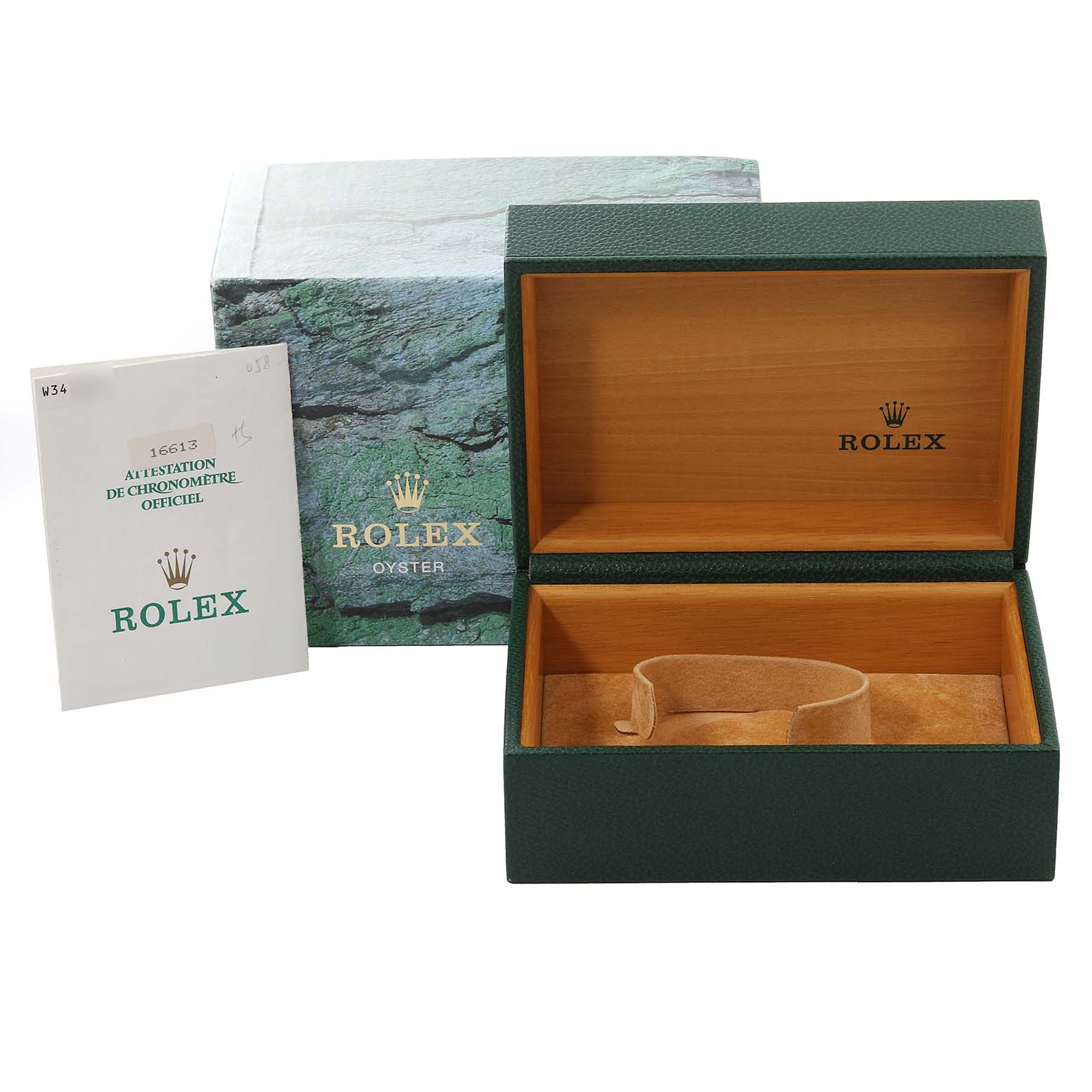 This image shows a Rolex Submariner 16613 Men's Steel and Gold (two tone) Blue Dial 16613 Men's Steel and Gold (two tone) Blue Dial box with certification papers, all viewed from the front.