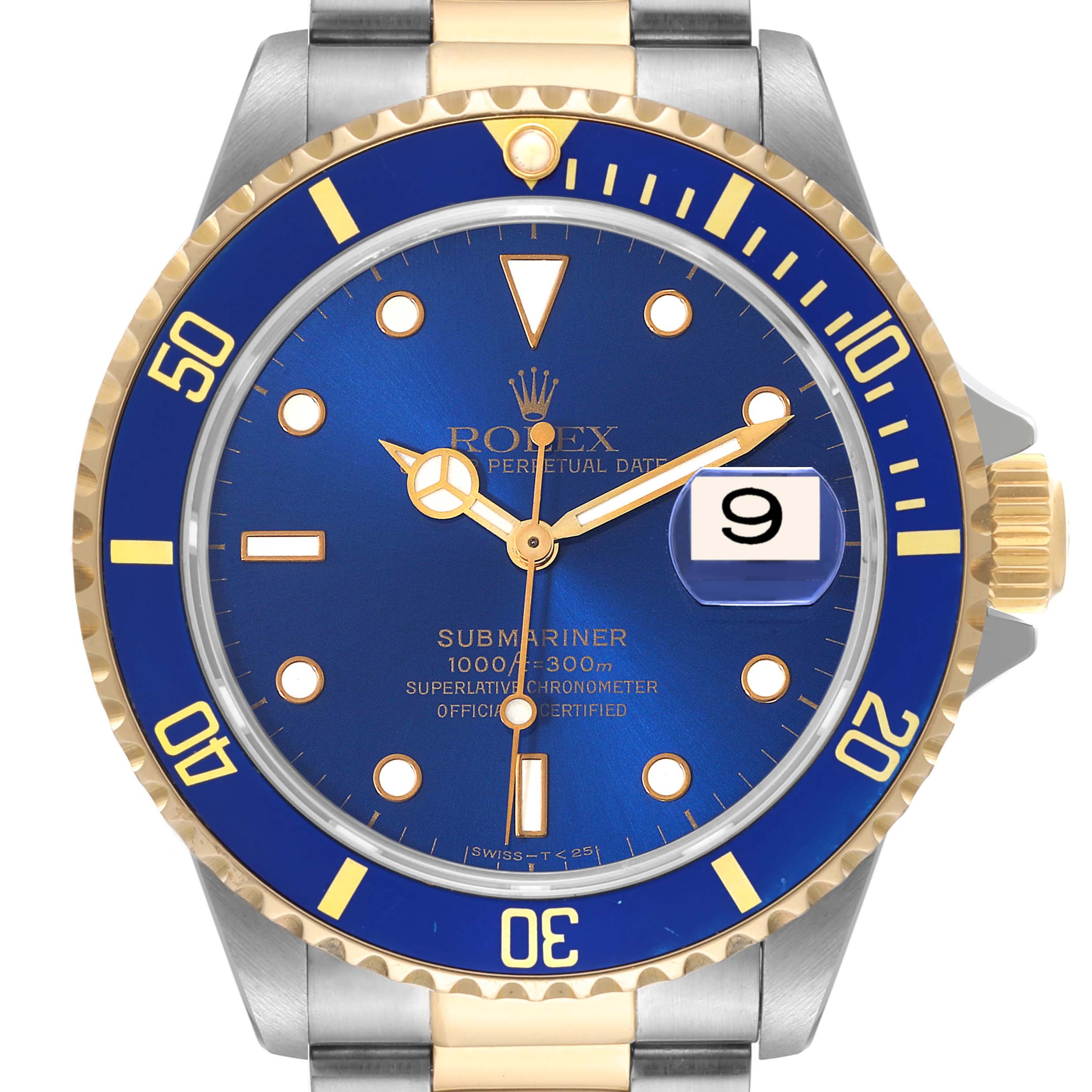 The image shows a front view of a Rolex Submariner 16613 Men's Steel and Gold (two tone) Blue Dial 16613 Men's Steel and Gold (two tone) Blue Dial watch with a blue dial, gold accents, and a date window.