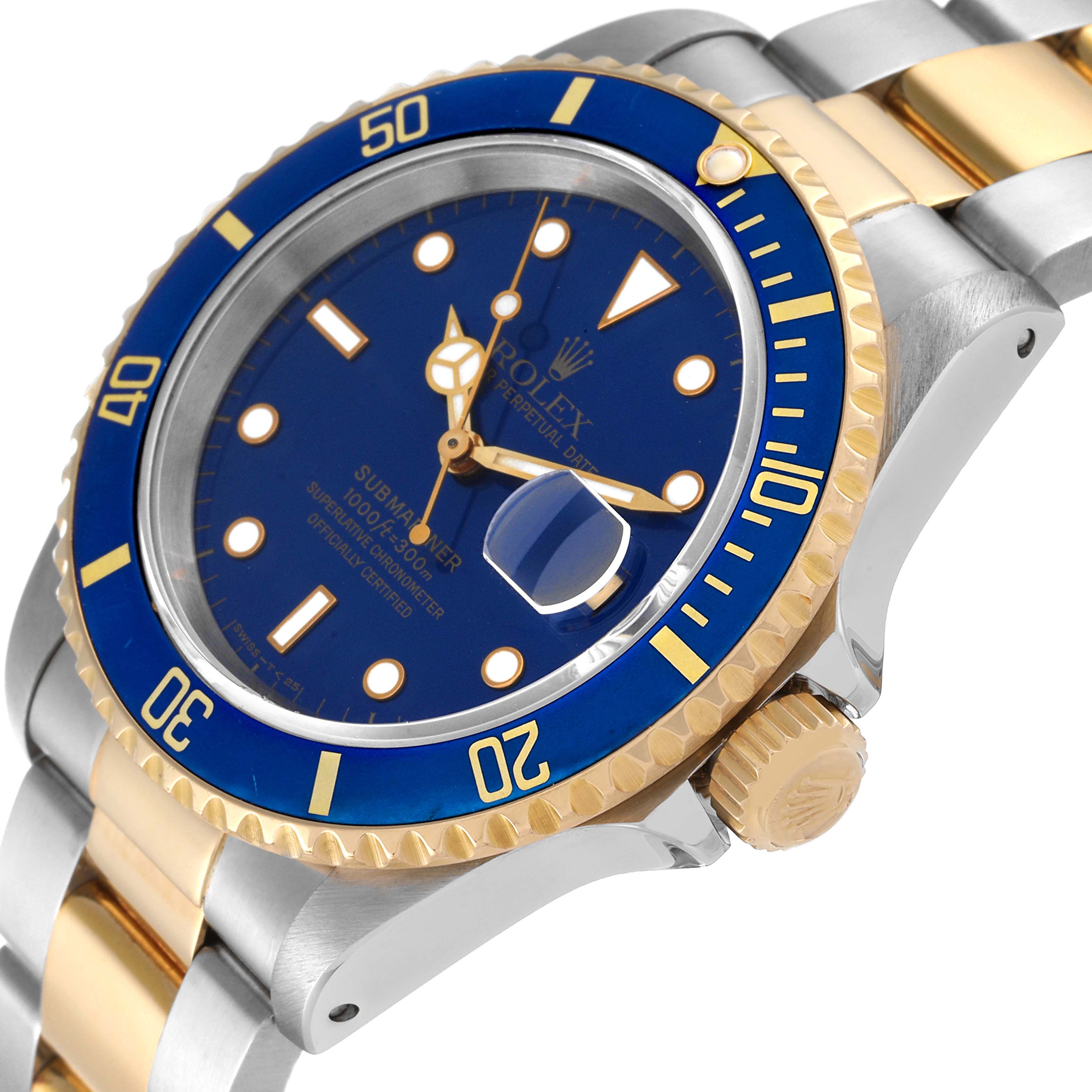 The image shows a Rolex Submariner 16613 Men's Steel and Gold (two tone) Blue Dial 16613 Men's Steel and Gold (two tone) Blue Dial watch from an angled side view, highlighting its blue dial, bezel, and two-tone metal bracelet.
