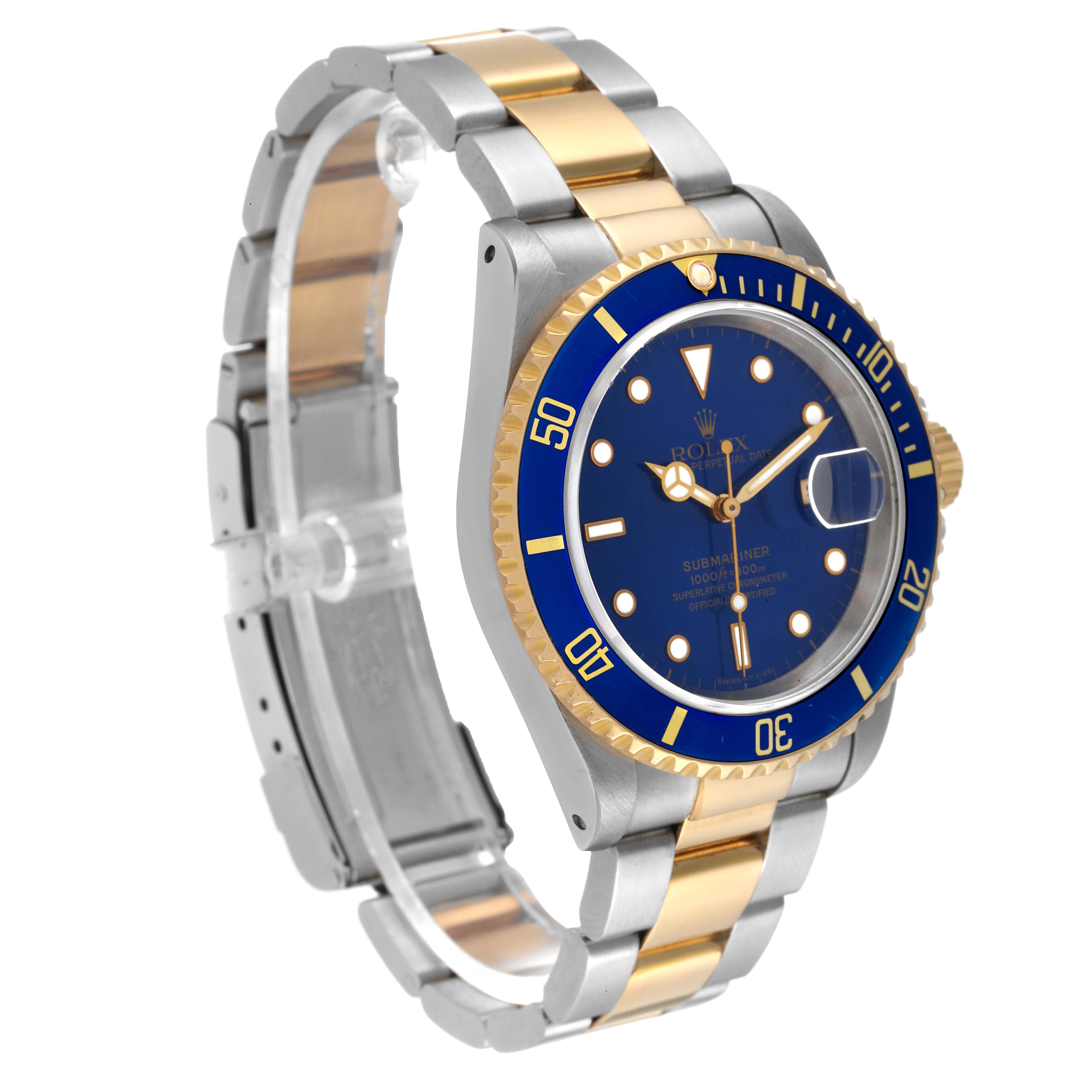 The Rolex Submariner 16613 Men's Steel and Gold (two tone) Blue Dial 16613 Men's Steel and Gold (two tone) Blue Dial watch is shown at a slight angle, displaying its blue dial, two-tone bracelet, and gold bezel.
