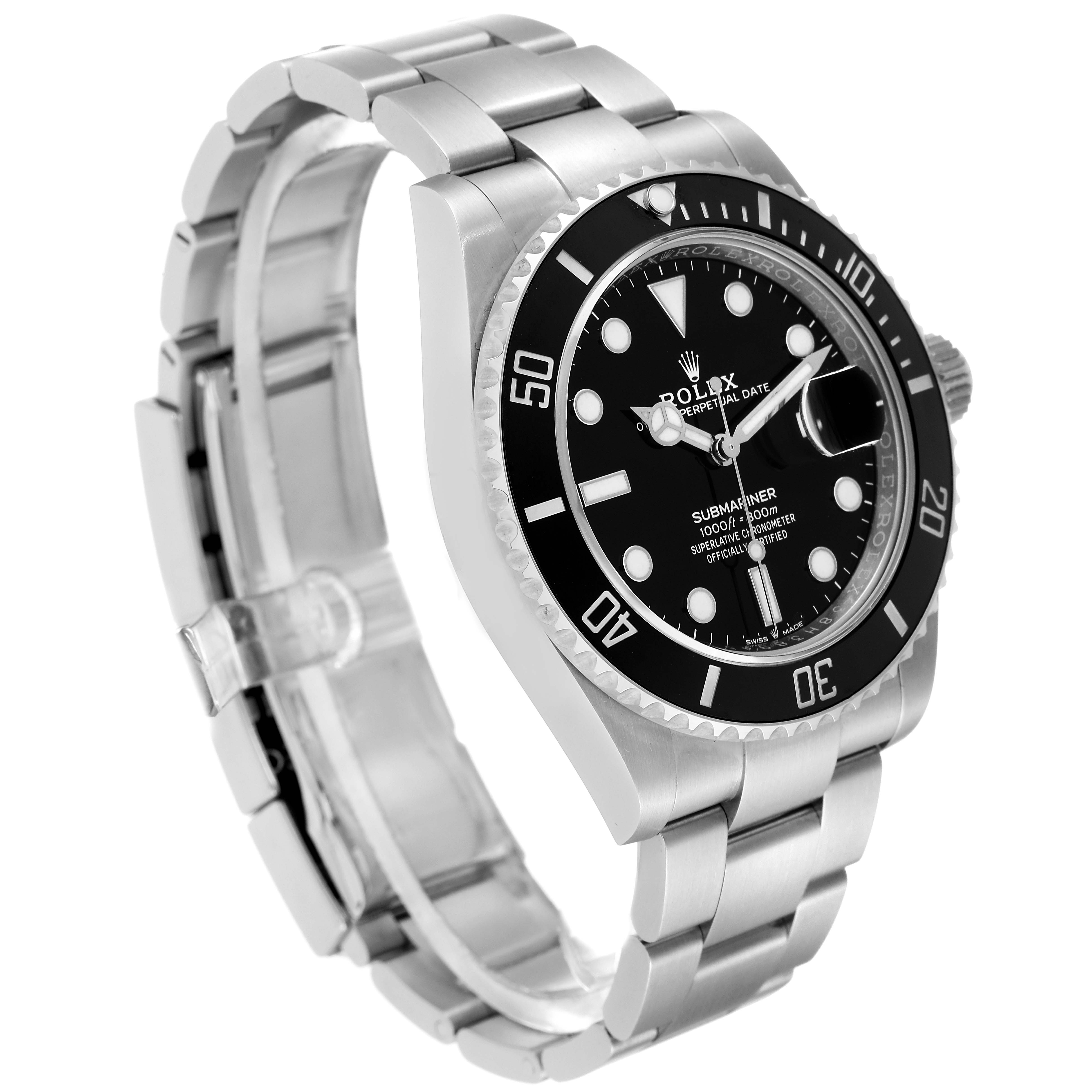 The image shows a side angle view of a Rolex Submariner 126610 Men's Stainless Steel Black Dial 126610 Men's Stainless Steel Black Dial, displaying its dial, bezel, and bracelet.