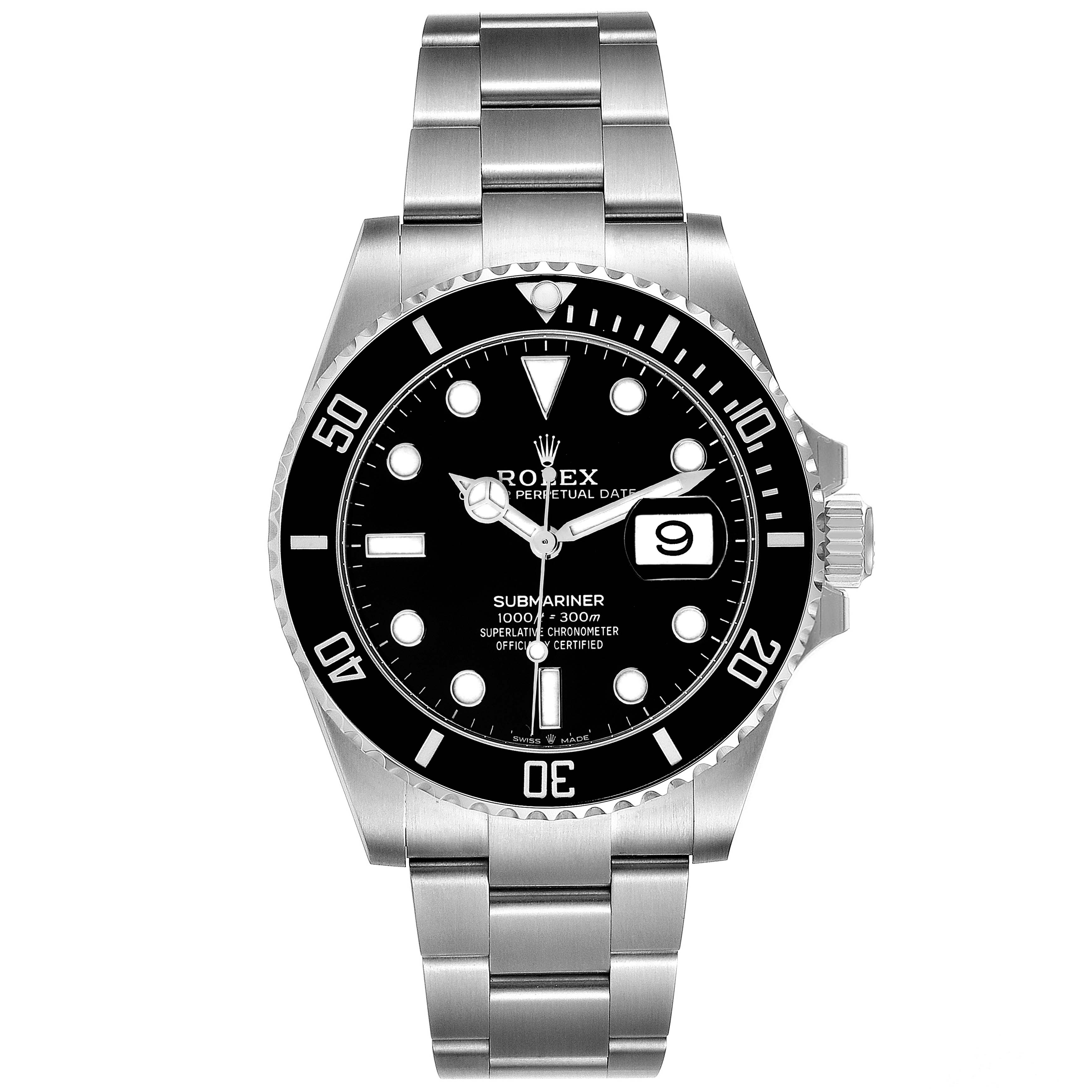 The image shows the front view of a Rolex Submariner 126610 Men's Stainless Steel Black Dial 126610 Men's Stainless Steel Black Dial watch, displaying its dial, bezel, crown, and bracelet.