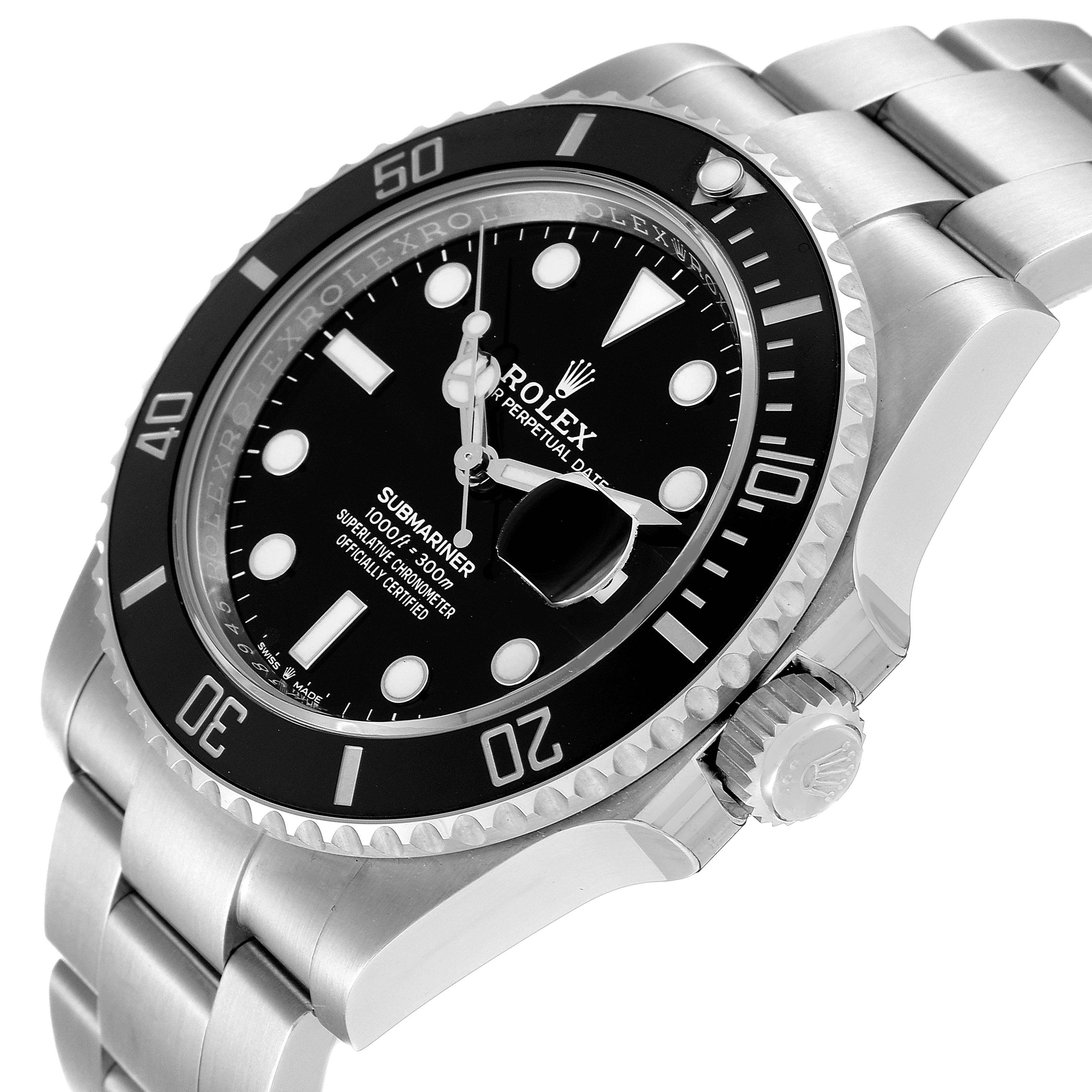 The image shows a Rolex Submariner 126610 Men's Stainless Steel Black Dial 126610 Men's Stainless Steel Black Dial watch angled to display the face, bezel, crown, and part of the bracelet.