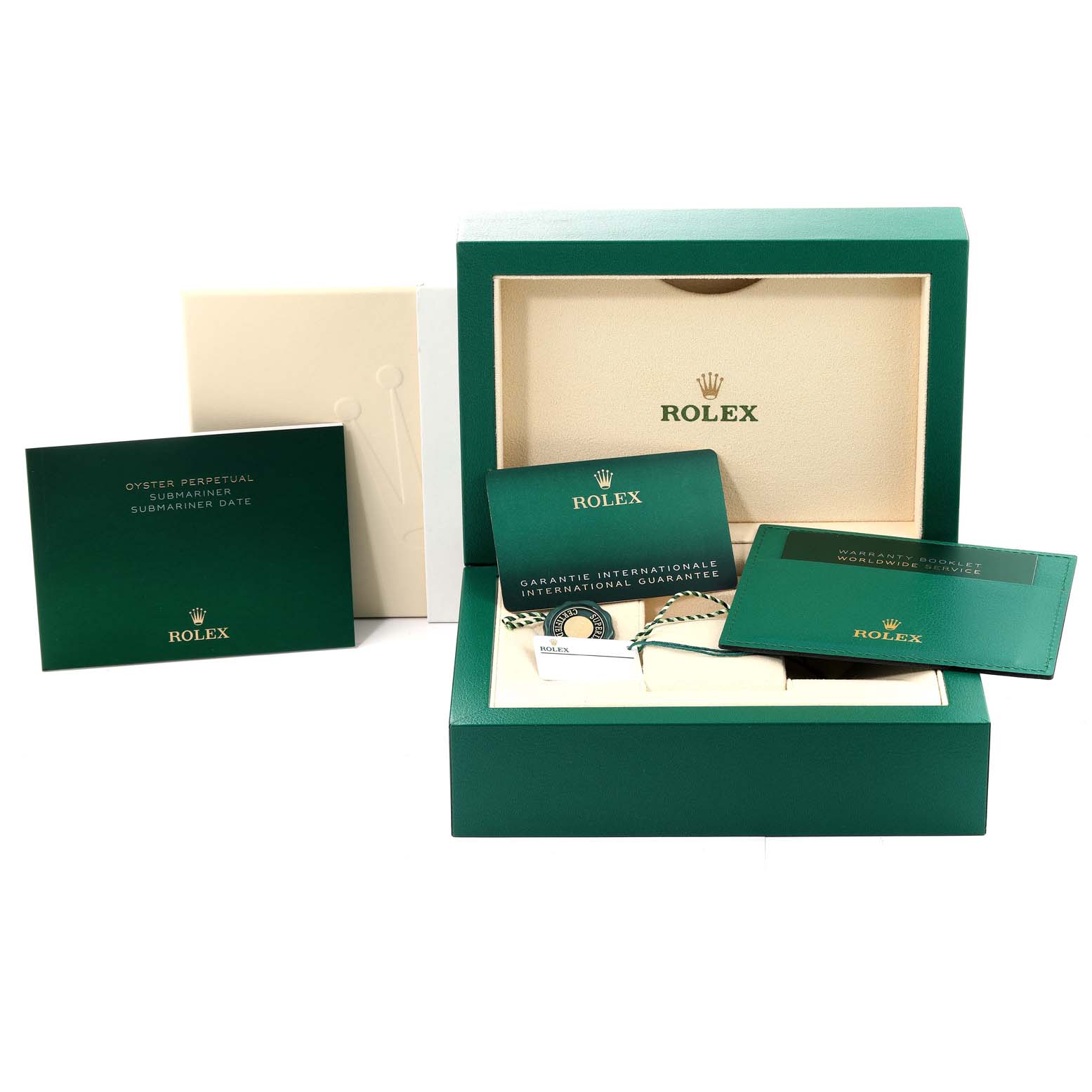 The image shows a green Rolex Submariner 126610 Men's Stainless Steel Black Dial 126610 Men's Stainless Steel Black Dial box along with warranty cards and an instructional booklet.