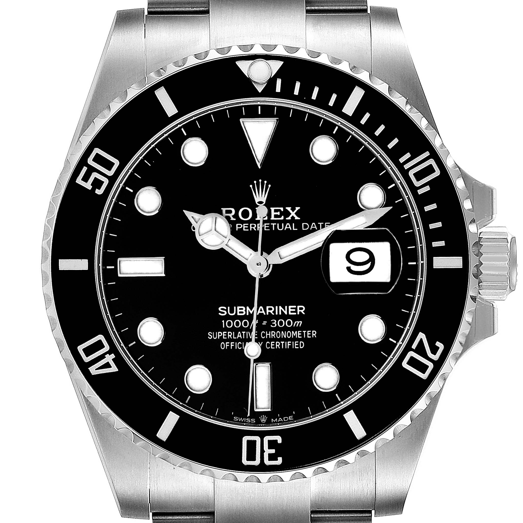 The image shows a front view of the Rolex Submariner 126610 Men's Stainless Steel Black Dial 126610 Men's Stainless Steel Black Dial, displaying the dial, bezel, crown, and part of the bracelet.