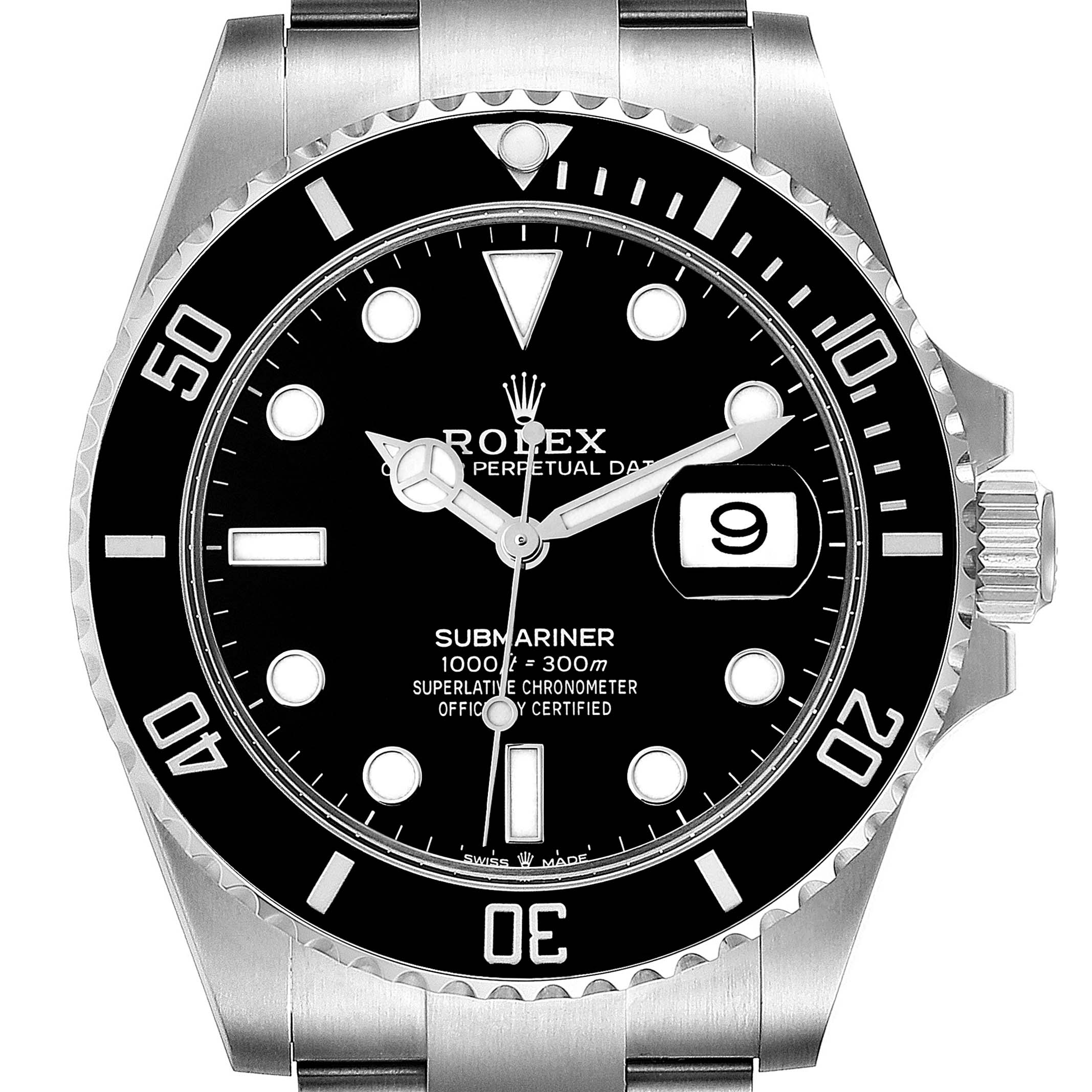 The image shows the front view of a Rolex Submariner 126610 Men
s Stainless Steel Black Dial 126610 Men
s Stainless Steel Black Dial watch, highlighting the dial, bezel, and part of the bracelet.
