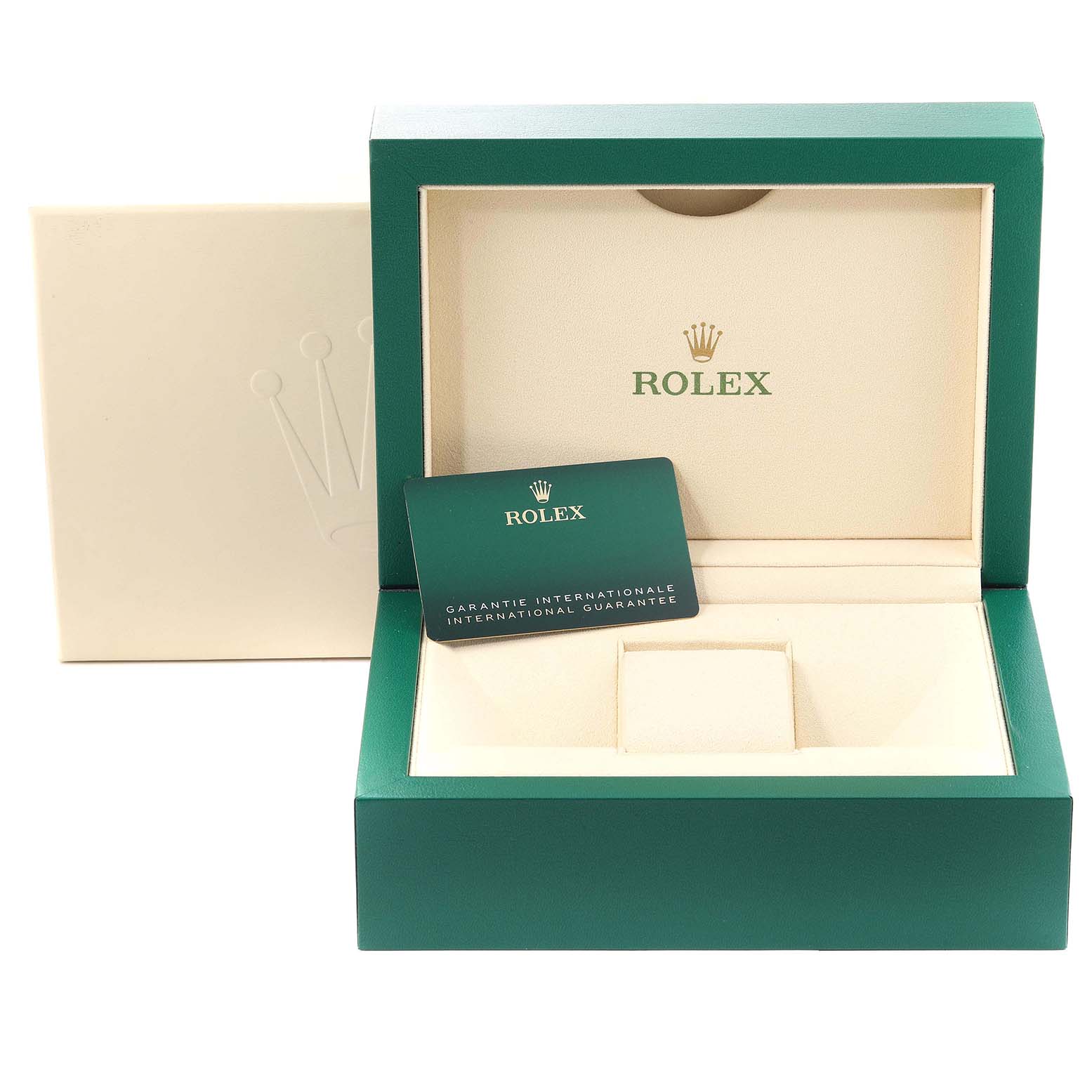 The image shows a Rolex Submariner 126610 Men
s Stainless Steel Black Dial 126610 Men
s Stainless Steel Black Dial watch box and leather cardholder with a guarantee card placed inside the box.