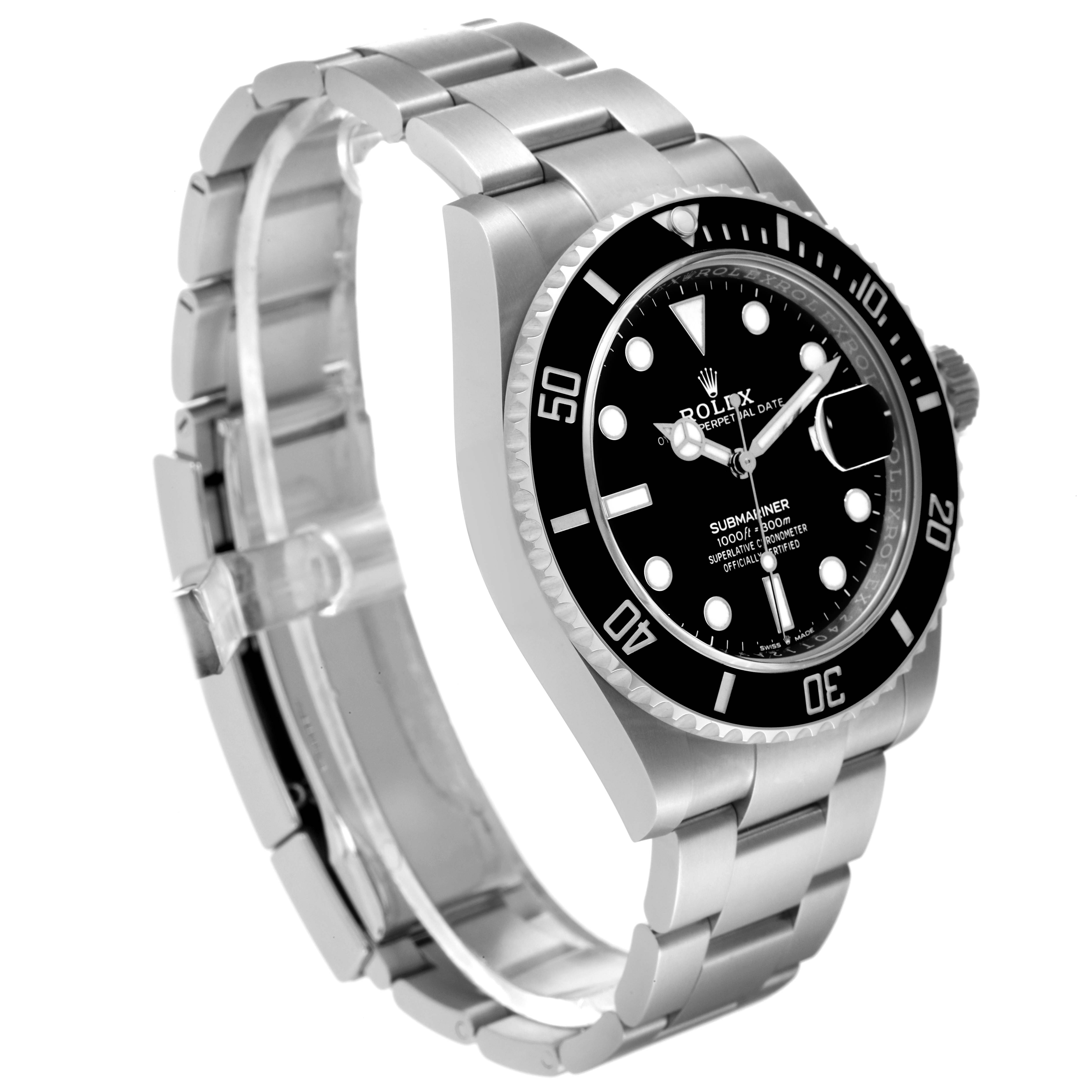 The image shows a side angle of a Rolex Submariner 126610 Men
s Stainless Steel Black Dial 126610 Men
s Stainless Steel Black Dial watch, displaying its bezel, dial, and metal bracelet.
